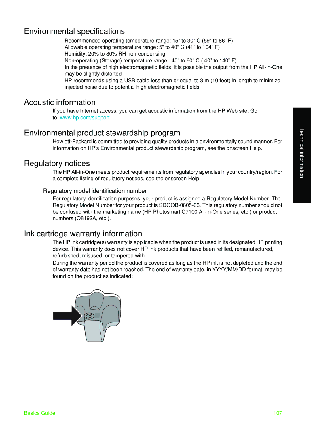 HP C7100 manual Environmental specifications, Regulatory notices, Ink cartridge warranty information 