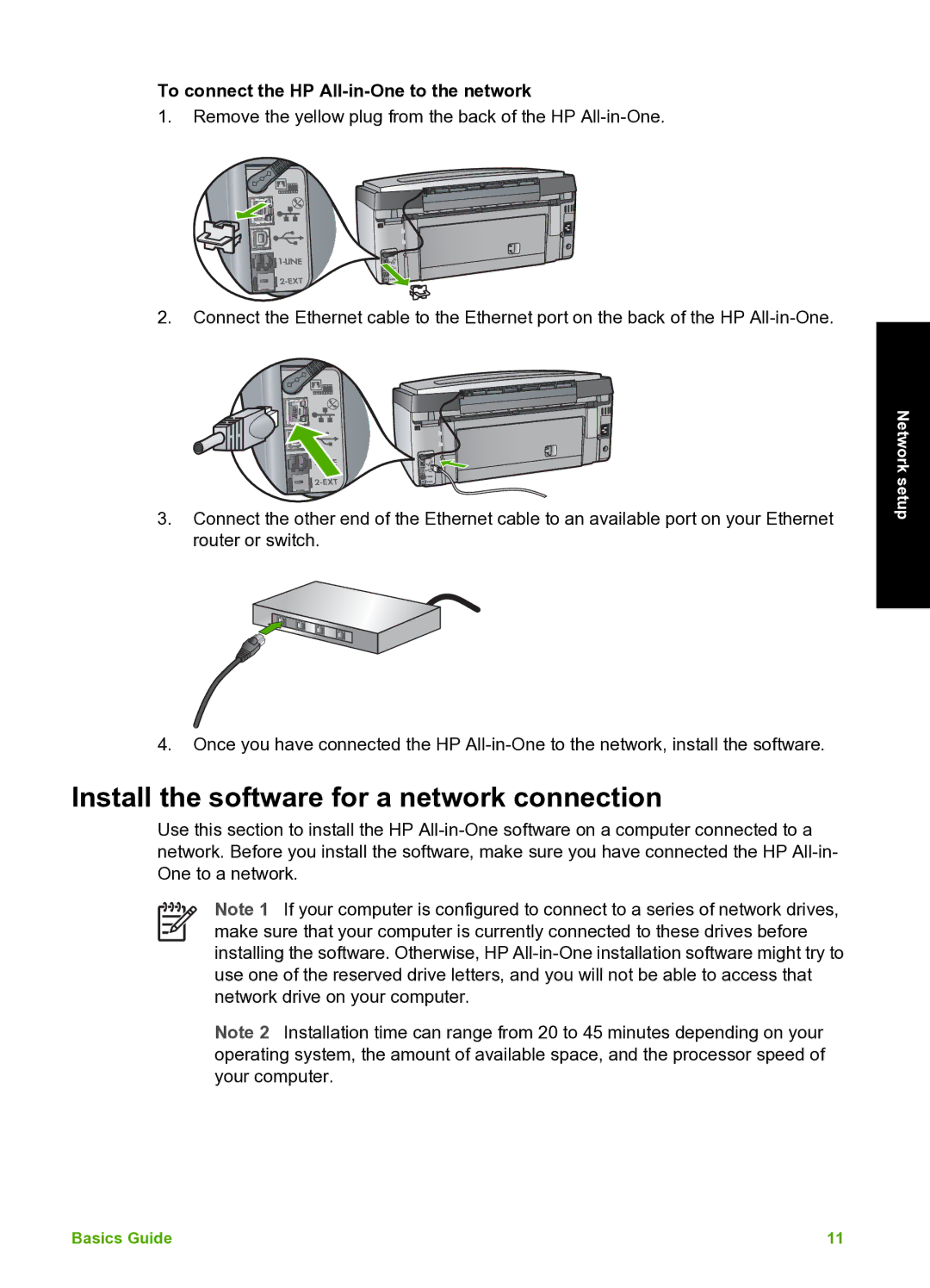 HP C7100 manual Install the software for a network connection, To connect the HP All-in-One to the network 