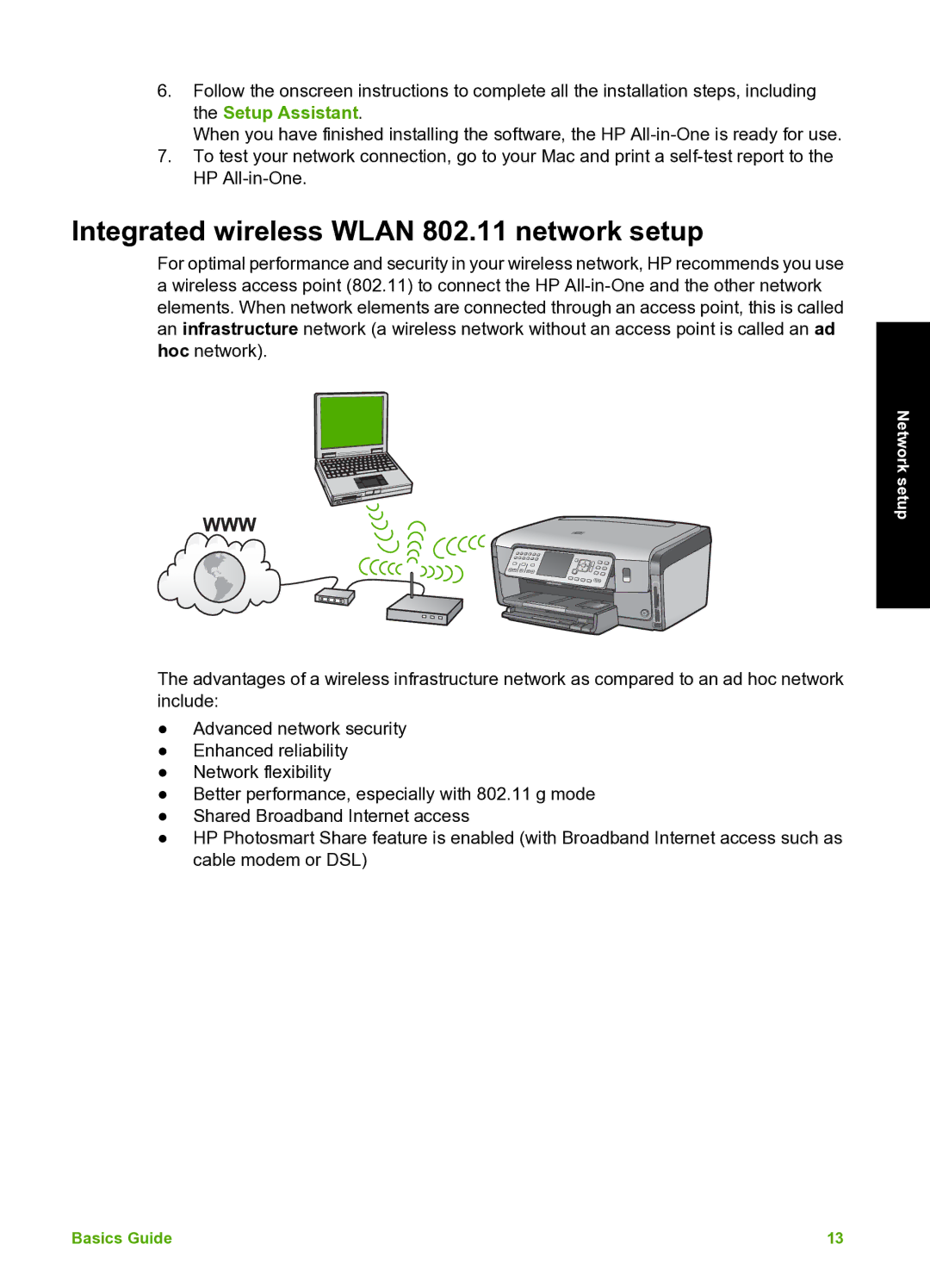 HP C7100 manual Integrated wireless Wlan 802.11 network setup 