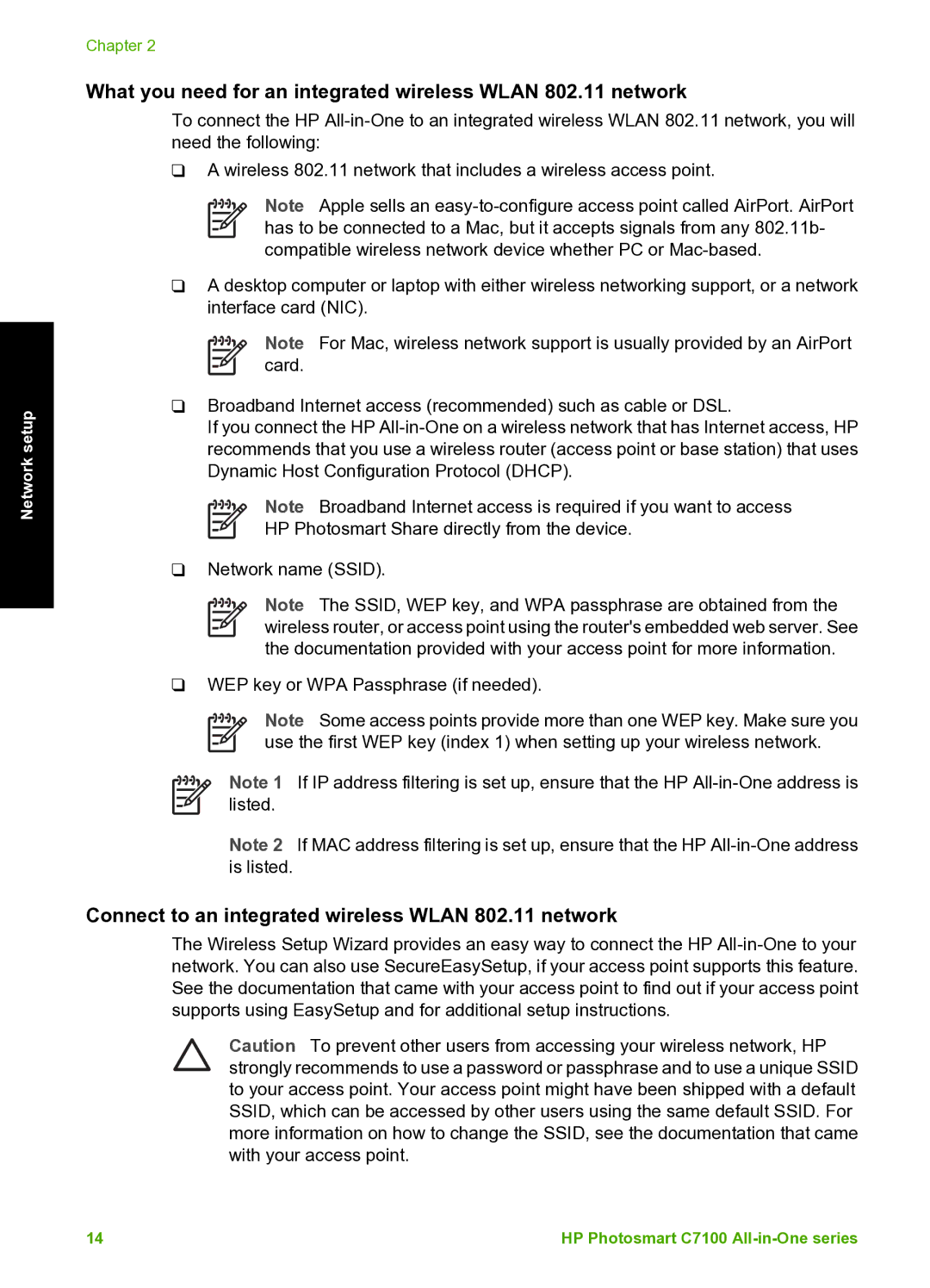 HP C7100 manual What you need for an integrated wireless Wlan 802.11 network 