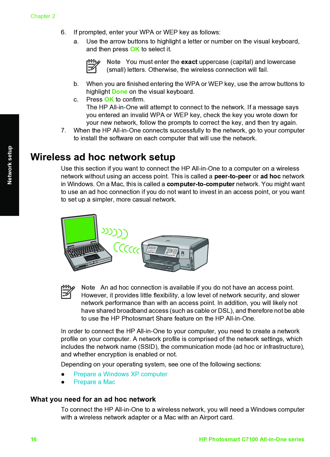 HP C7100 manual Wireless ad hoc network setup, What you need for an ad hoc network 