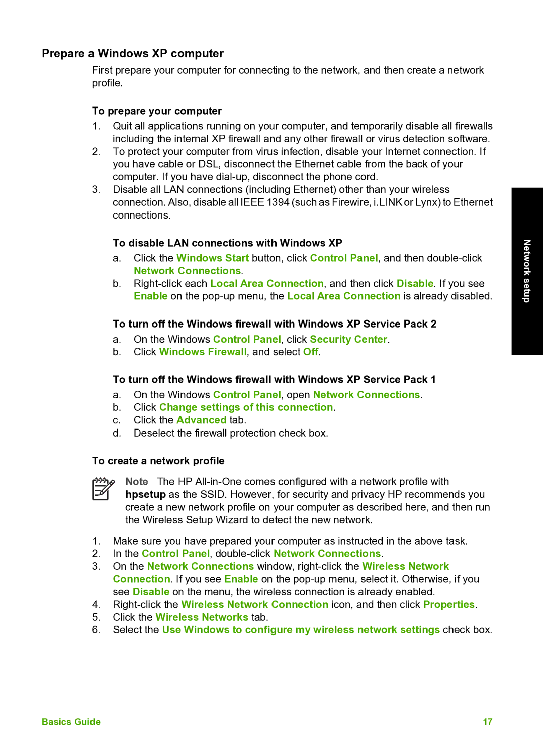 HP C7100 manual Prepare a Windows XP computer, To prepare your computer, To disable LAN connections with Windows XP 