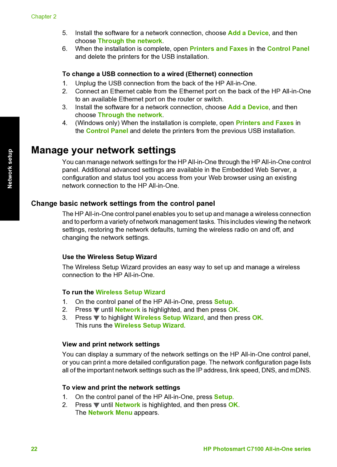 HP C7100 manual Manage your network settings, Change basic network settings from the control panel 