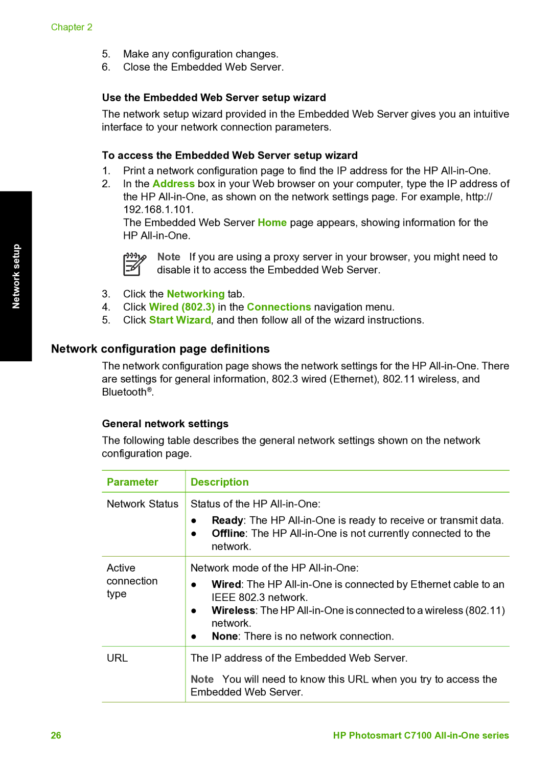 HP C7100 manual Network configuration page definitions, Use the Embedded Web Server setup wizard, General network settings 