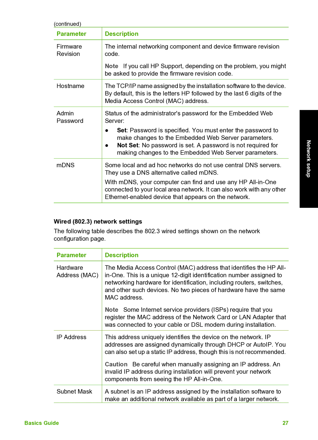 HP C7100 manual Wired 802.3 network settings, Parameter 