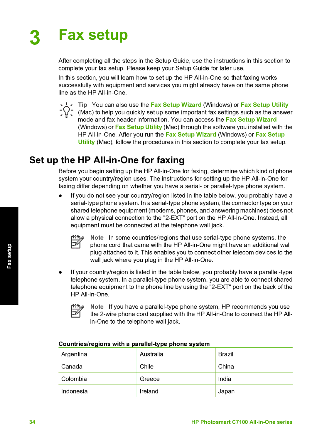 HP C7100 manual Set up the HP All-in-One for faxing, Countries/regions with a parallel-type phone system 