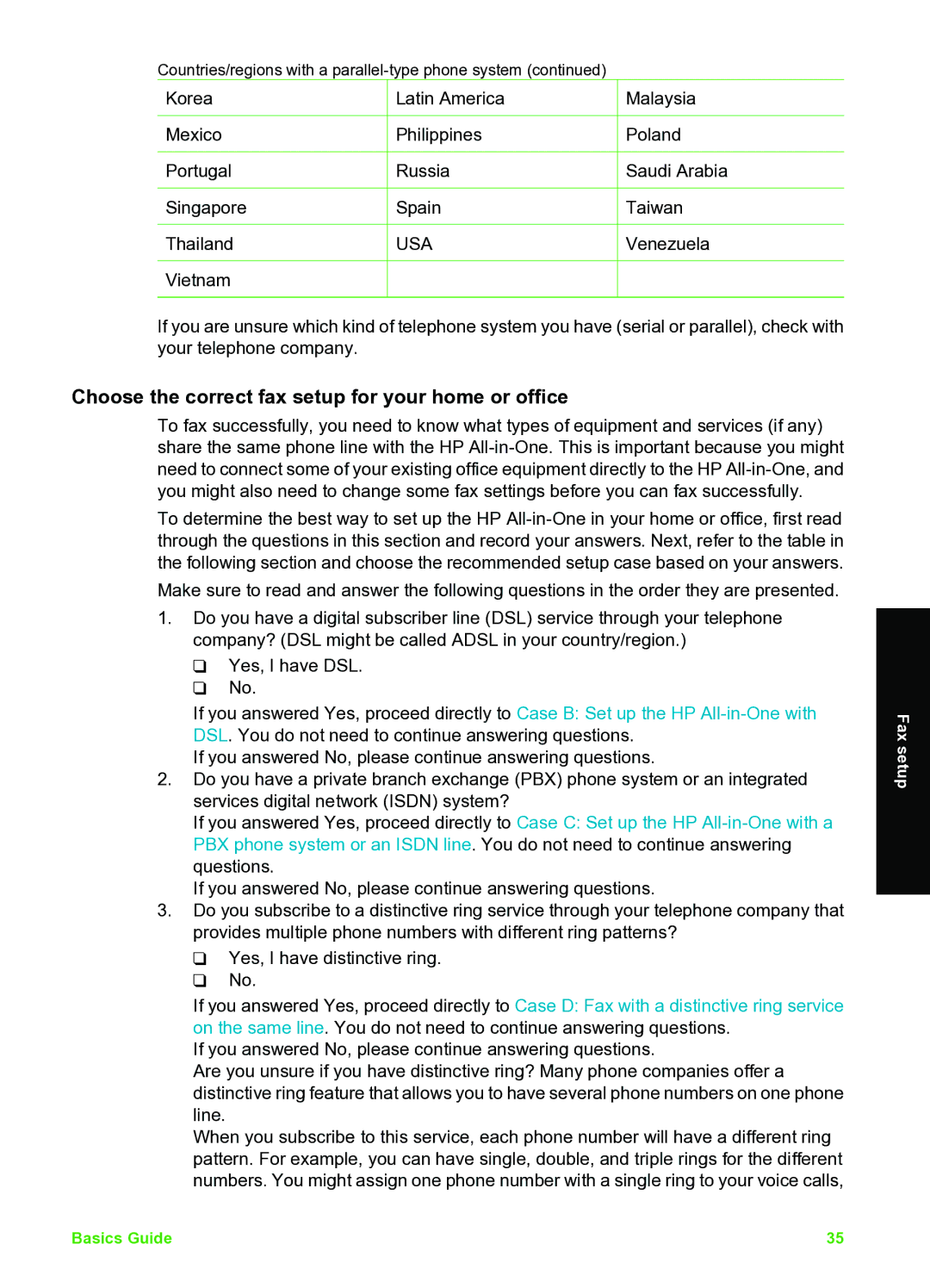 HP C7100 manual Choose the correct fax setup for your home or office, Usa 