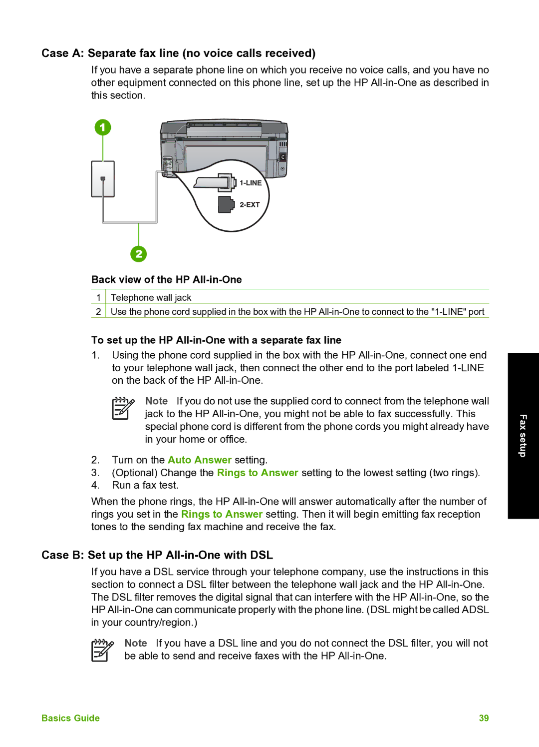 HP C7100 manual Case a Separate fax line no voice calls received, Case B Set up the HP All-in-One with DSL 