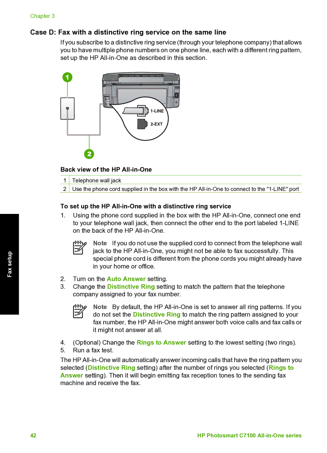 HP C7100 manual Case D Fax with a distinctive ring service on the same line 