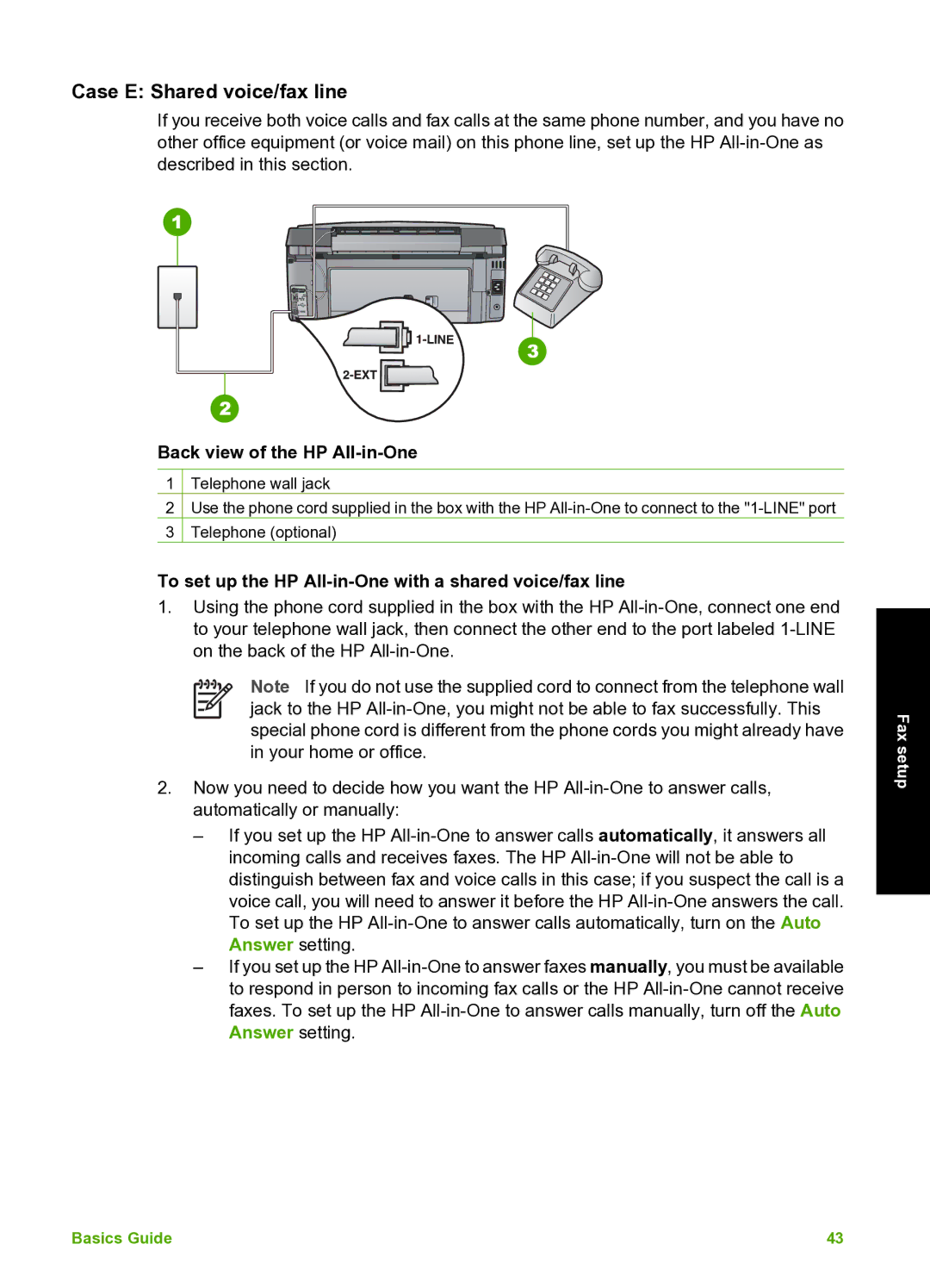 HP C7100 manual Case E Shared voice/fax line, To set up the HP All-in-One with a shared voice/fax line 