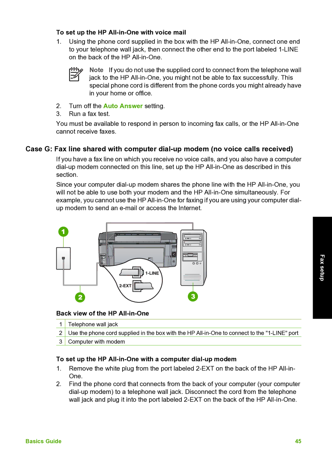 HP C7100 manual To set up the HP All-in-One with voice mail, To set up the HP All-in-One with a computer dial-up modem 