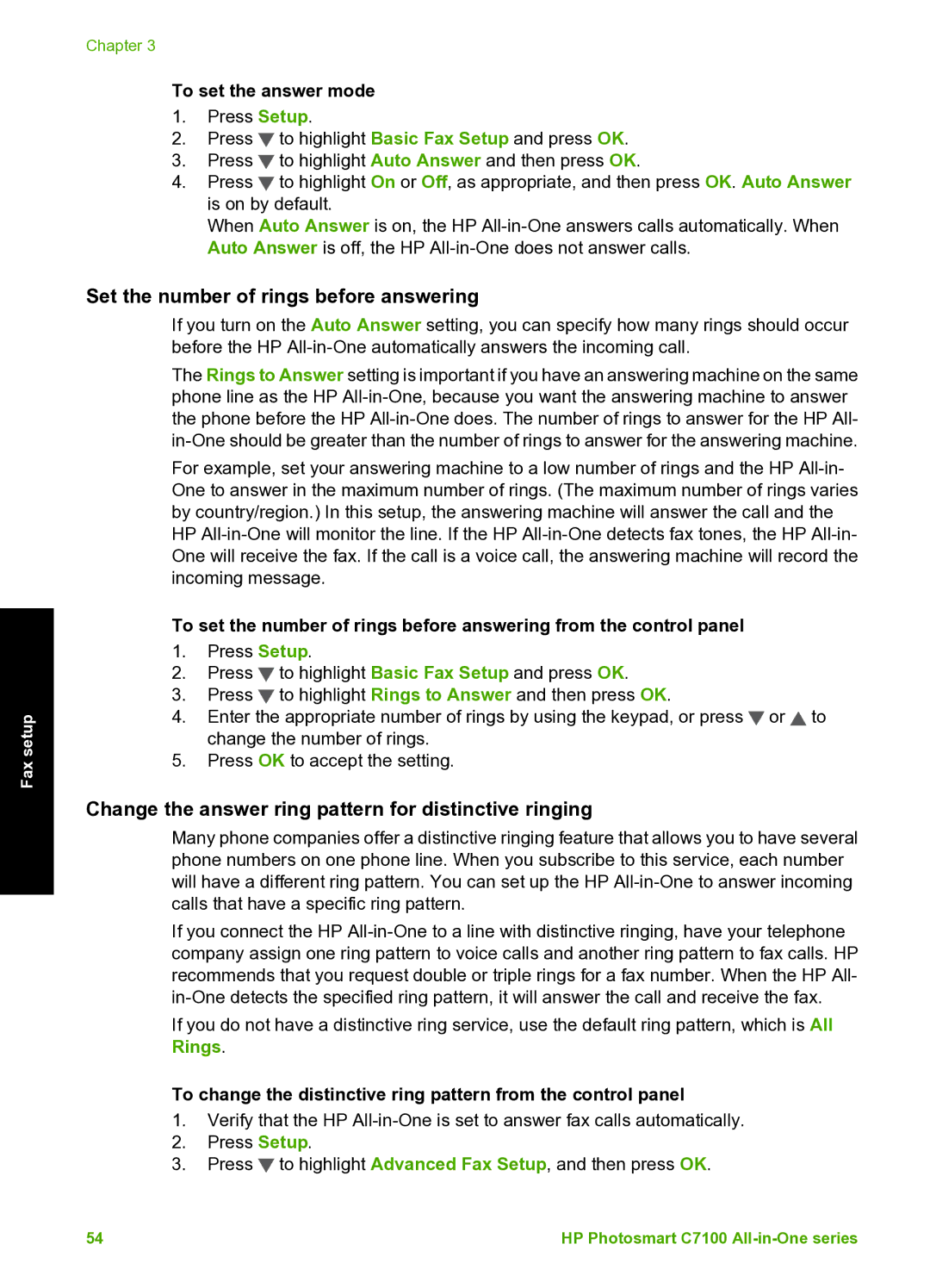 HP C7100 manual Set the number of rings before answering, Change the answer ring pattern for distinctive ringing 