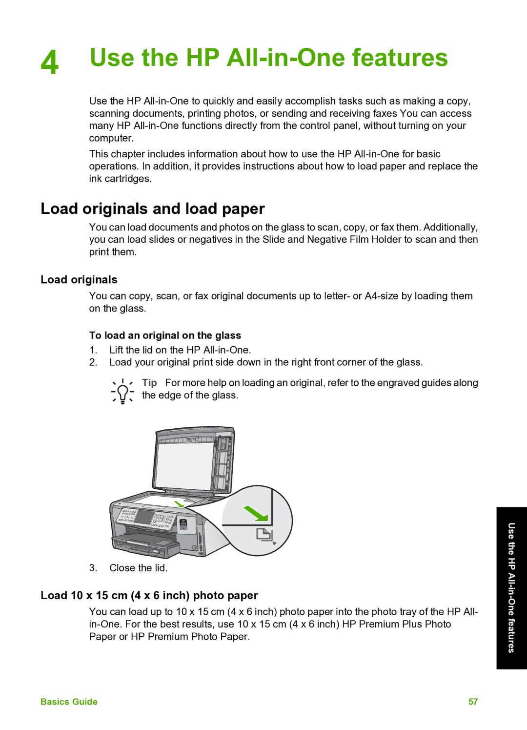 HP C7100 manual Load originals and load paper, Load 10 x 15 cm 4 x 6 inch photo paper, To load an original on the glass 