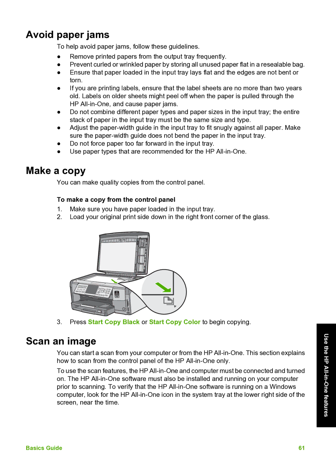 HP C7100 manual Avoid paper jams, Make a copy, Scan an image, To make a copy from the control panel 