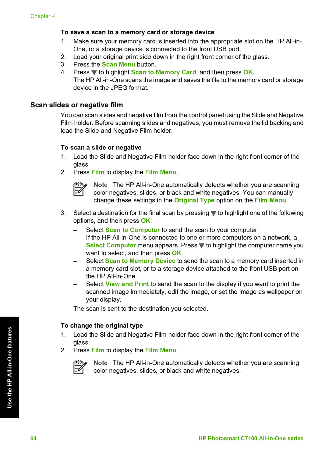 HP C7100 Scan slides or negative film, To save a scan to a memory card or storage device, To scan a slide or negative 