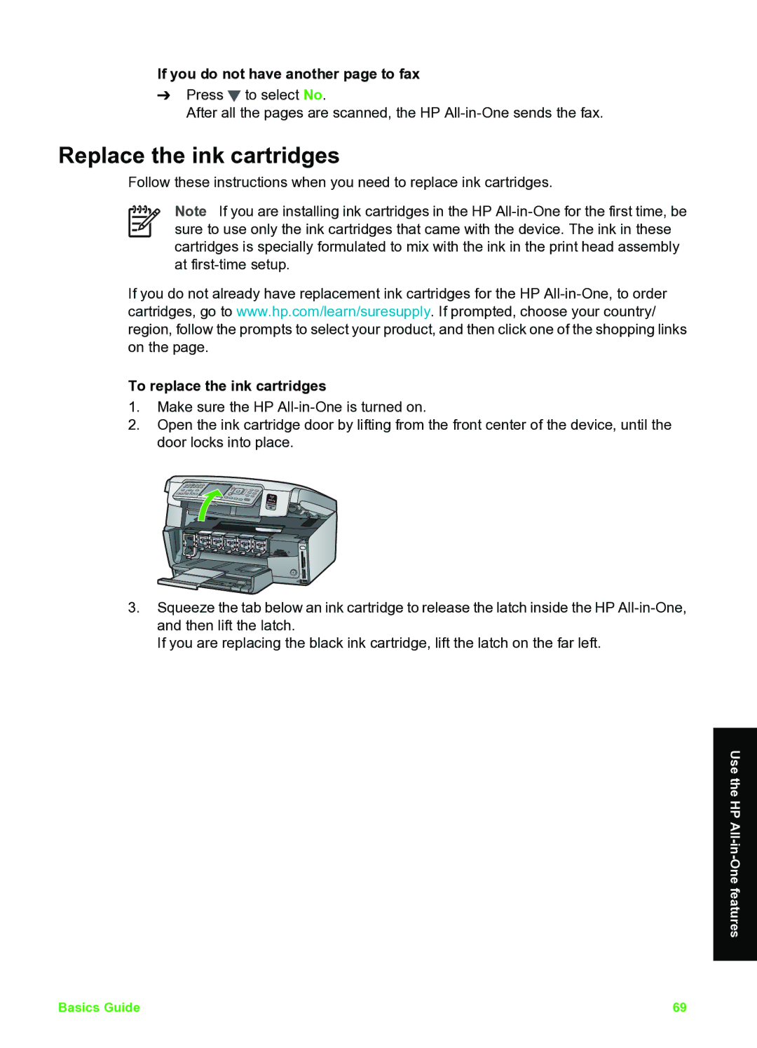 HP C7100 manual Replace the ink cartridges, If you do not have another page to fax, To replace the ink cartridges 