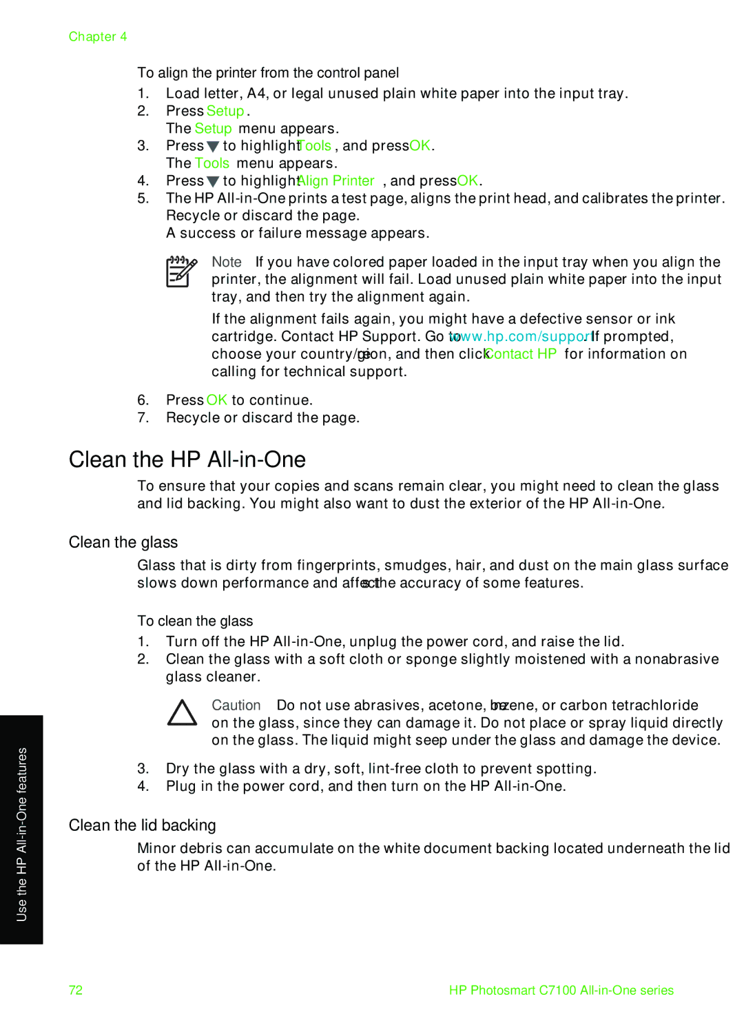 HP C7100 Clean the HP All-in-One, Clean the glass, Clean the lid backing, To align the printer from the control panel 