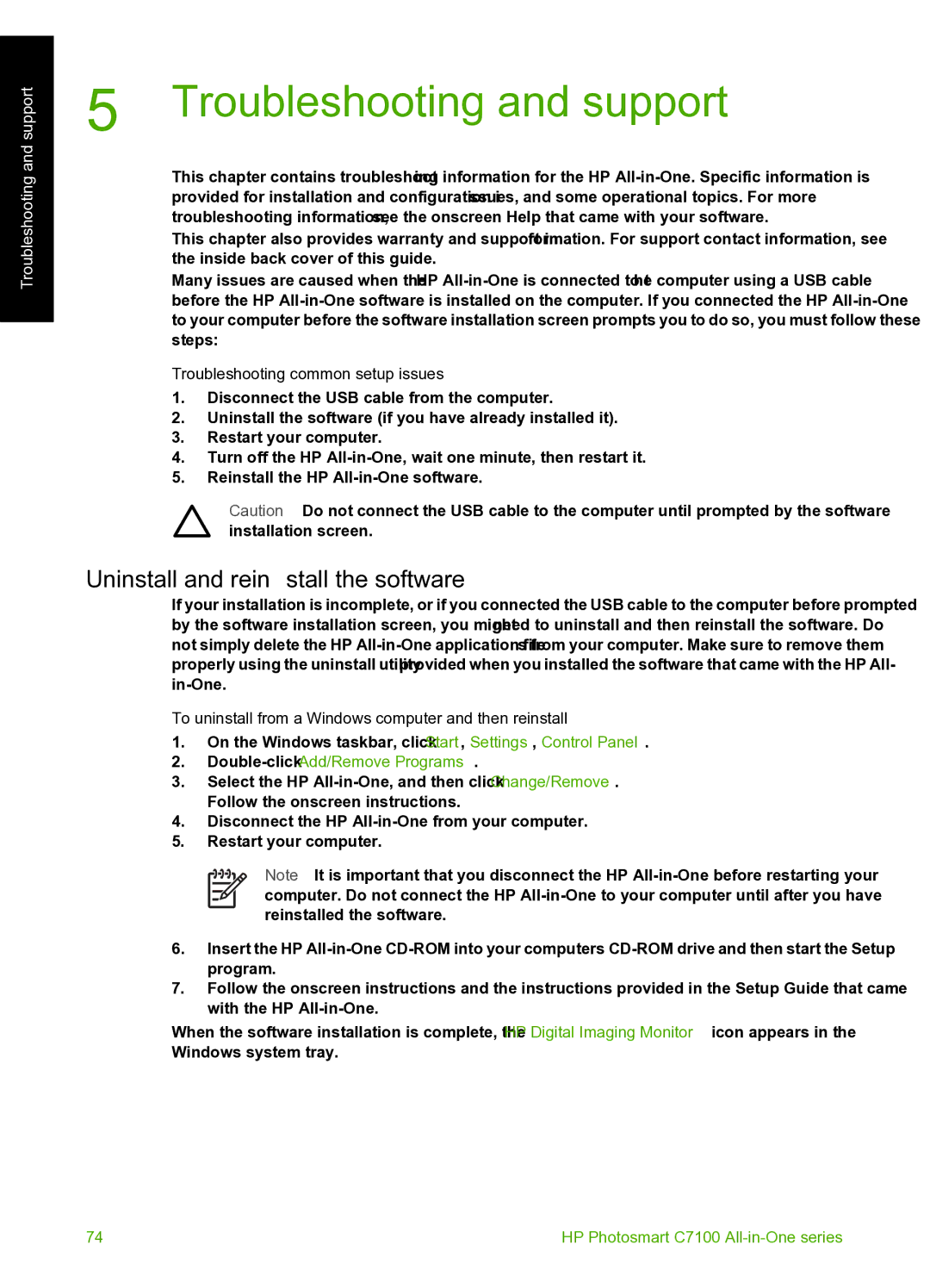 HP C7100 manual Uninstall and reinstall the software, Troubleshooting common setup issues 