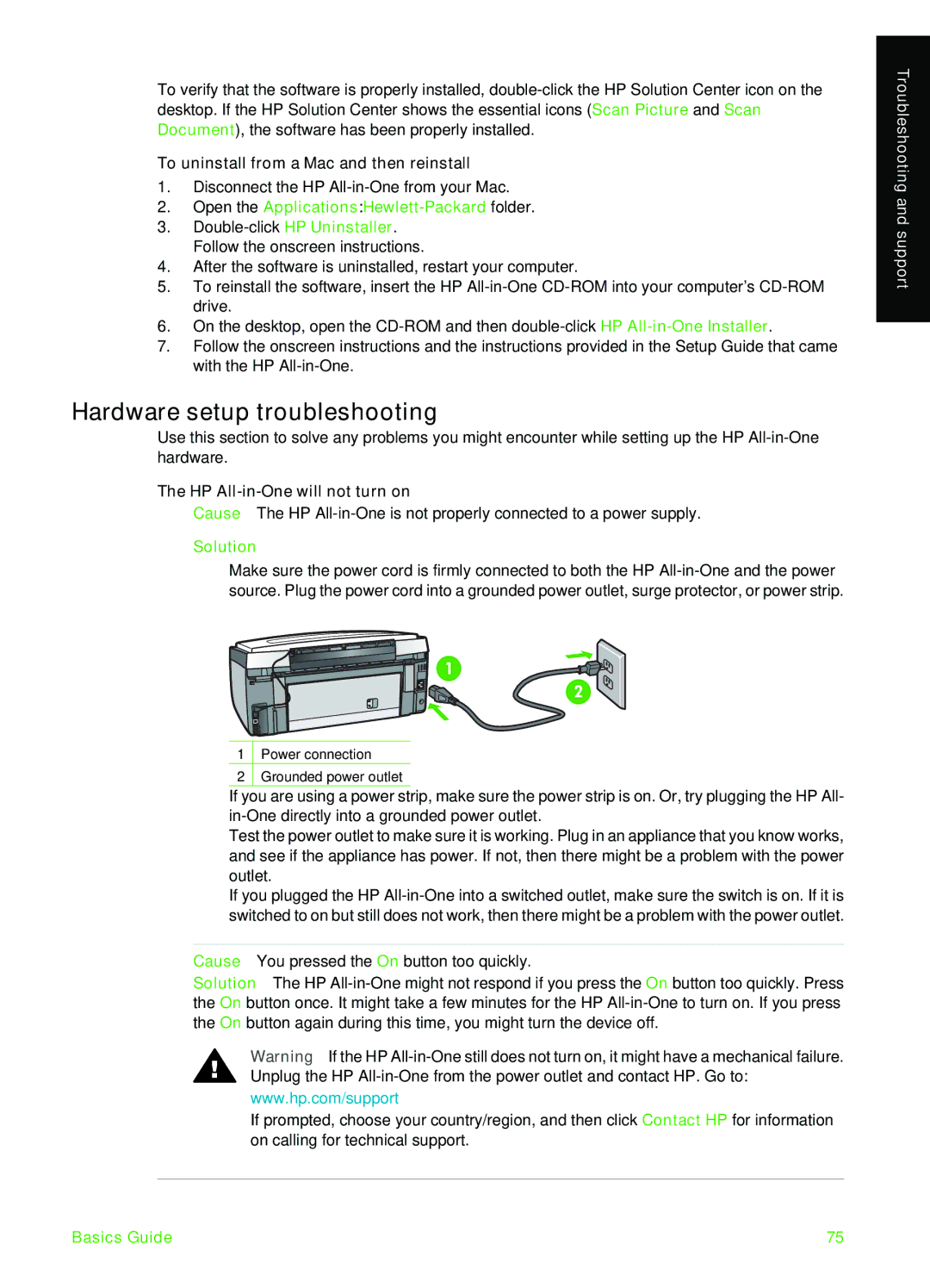 HP C7100 manual Hardware setup troubleshooting, To uninstall from a Mac and then reinstall, HP All-in-One will not turn on 