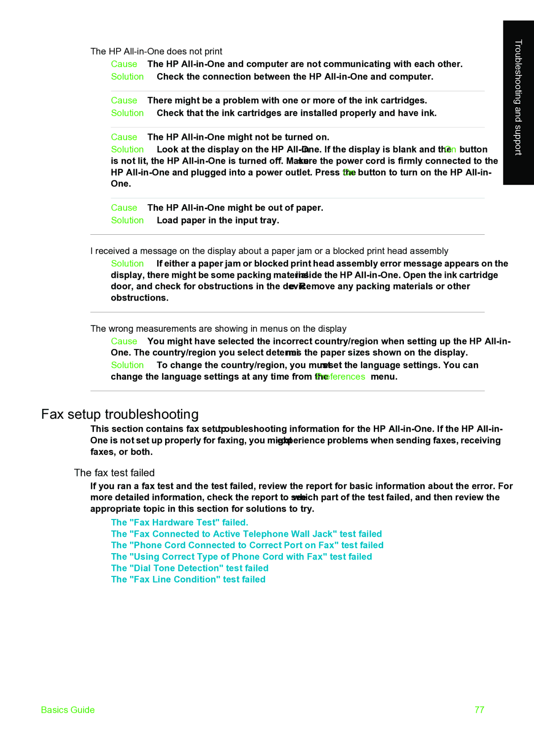 HP C7100 manual Fax setup troubleshooting, Fax test failed, HP All-in-One does not print 