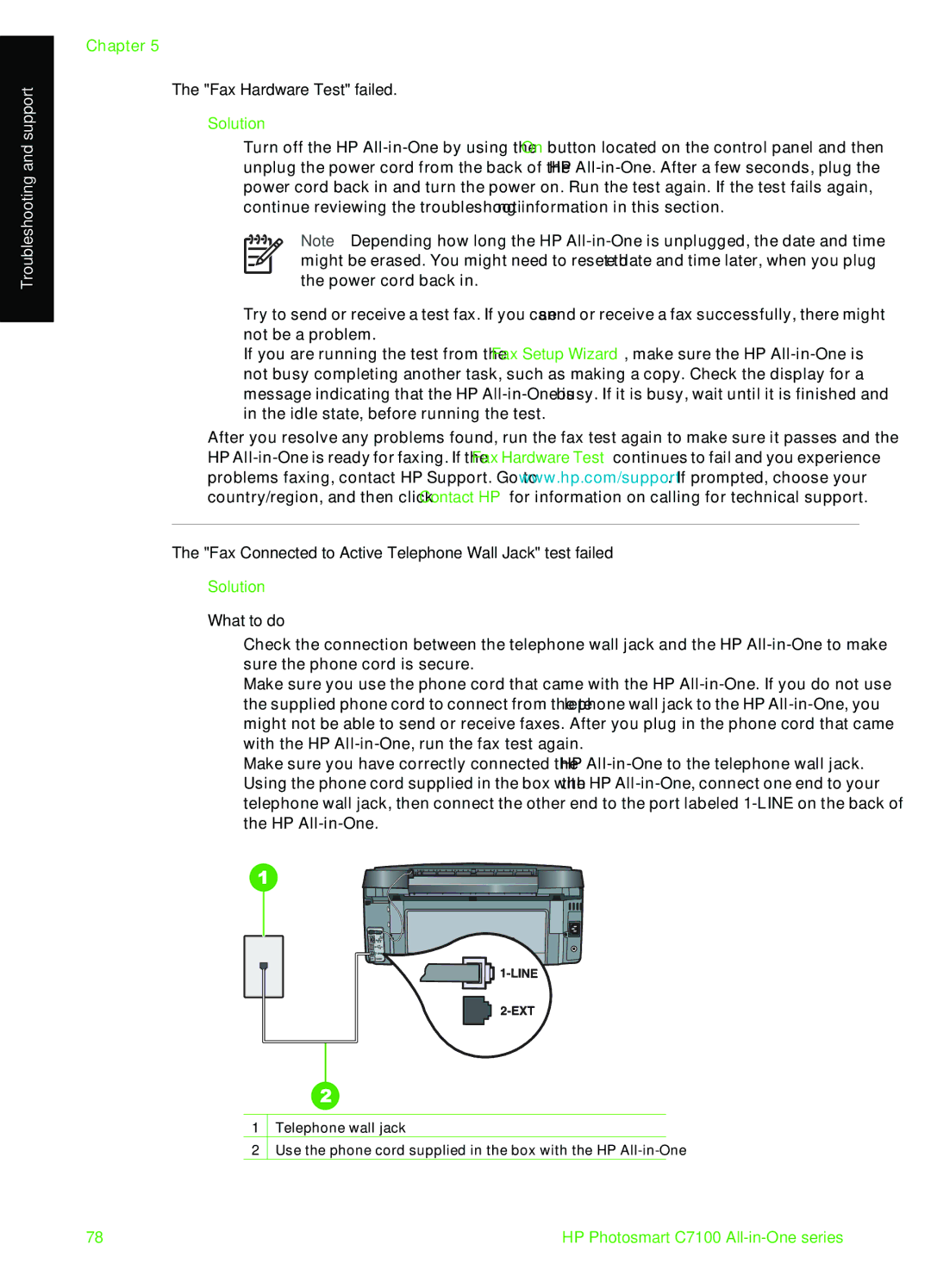 HP C7100 manual Fax Hardware Test failed, Fax Connected to Active Telephone Wall Jack test failed, What to do 