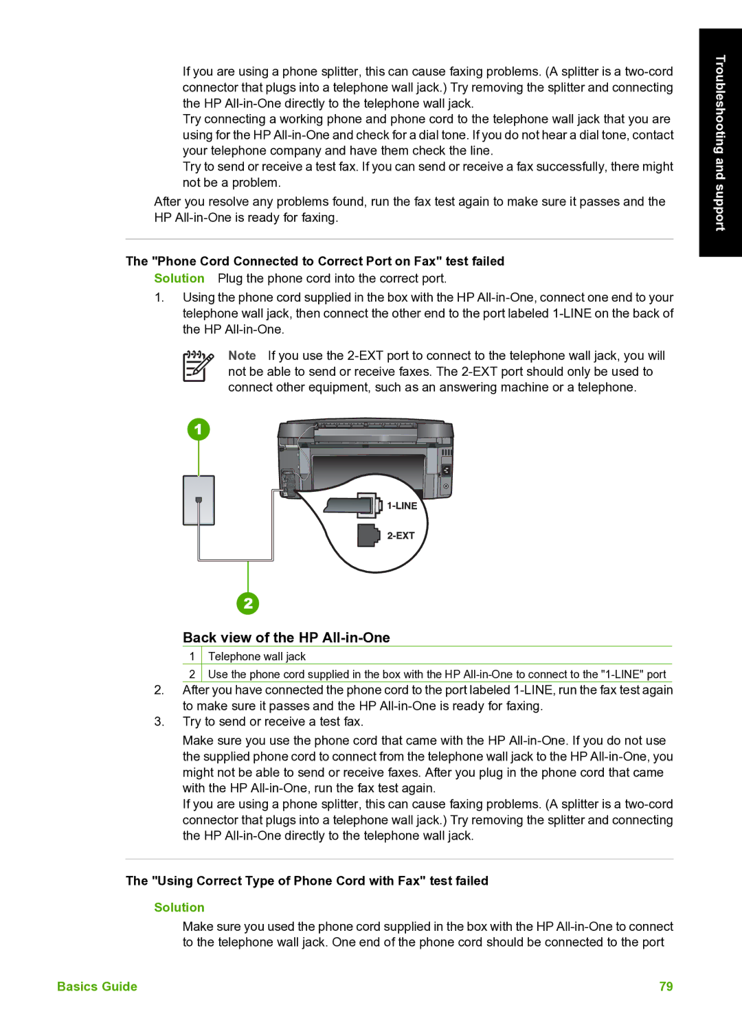 HP C7100 Phone Cord Connected to Correct Port on Fax test failed, Using Correct Type of Phone Cord with Fax test failed 