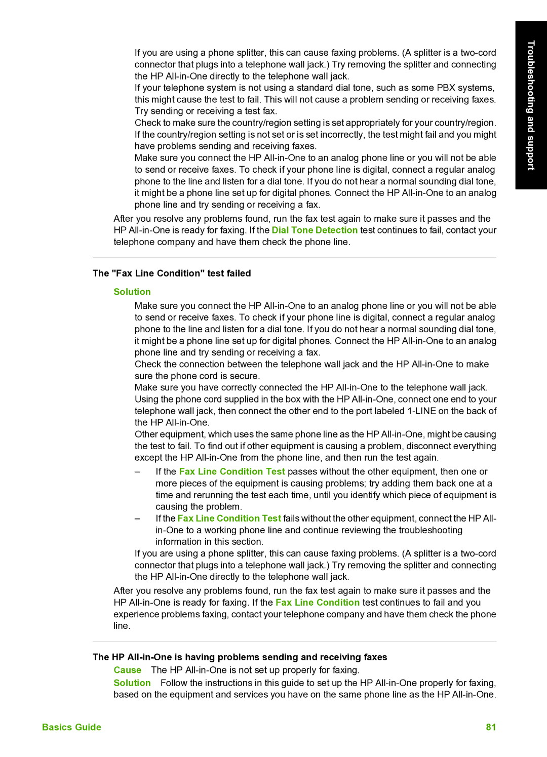 HP C7100 manual Fax Line Condition test failed, HP All-in-One is having problems sending and receiving faxes 