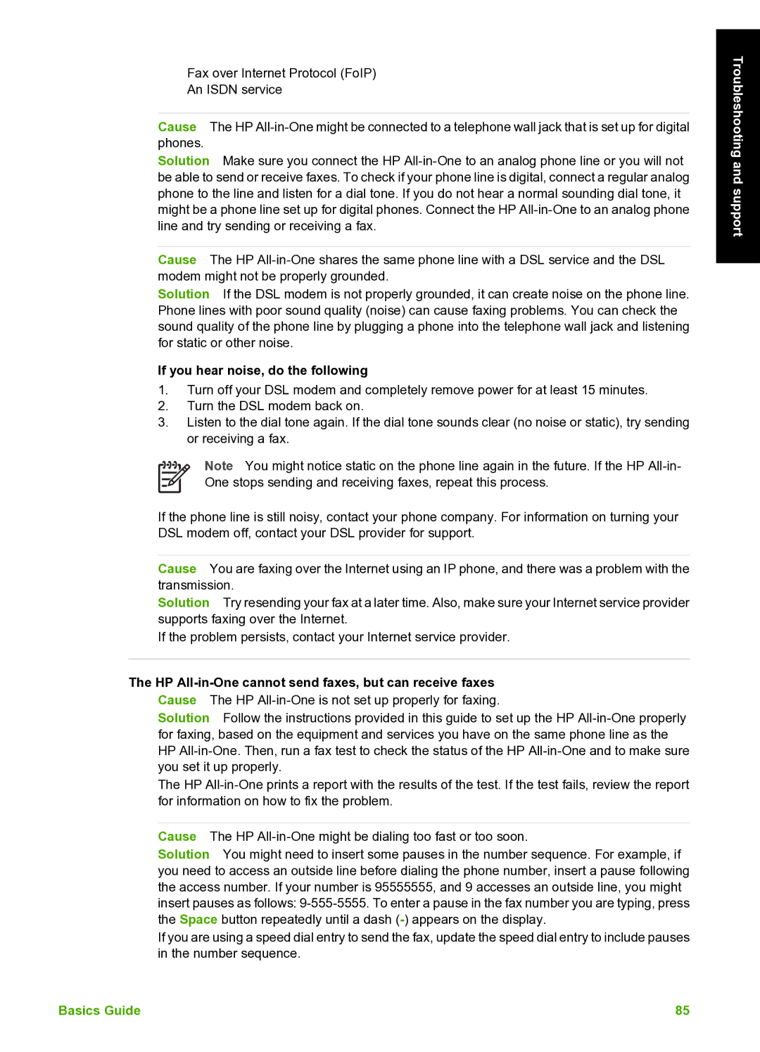 HP C7100 manual If you hear noise, do the following, HP All-in-One cannot send faxes, but can receive faxes 