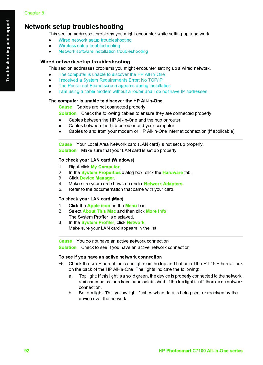 HP C7100 manual Network setup troubleshooting, Wired network setup troubleshooting 