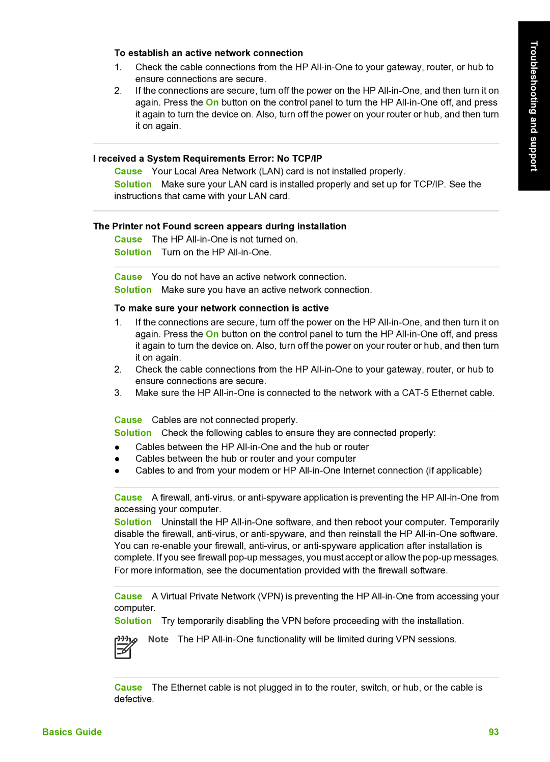 HP C7100 manual To establish an active network connection, Received a System Requirements Error No TCP/IP 