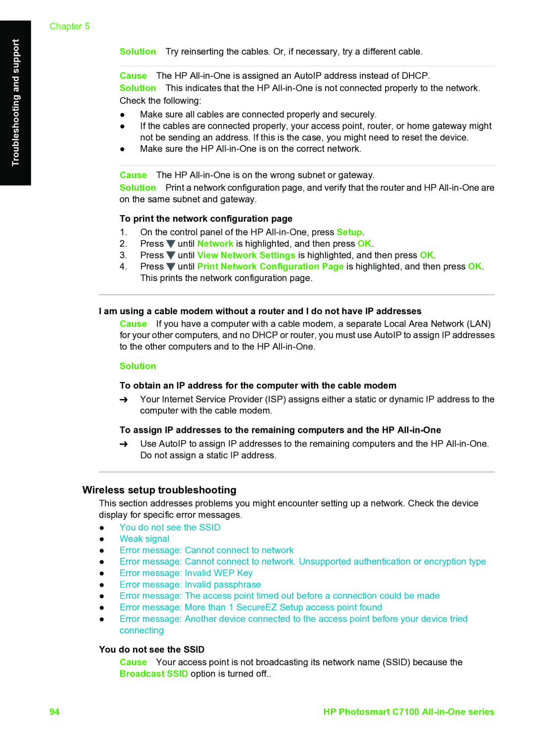 HP C7100 manual Wireless setup troubleshooting, To print the network configuration, You do not see the Ssid 