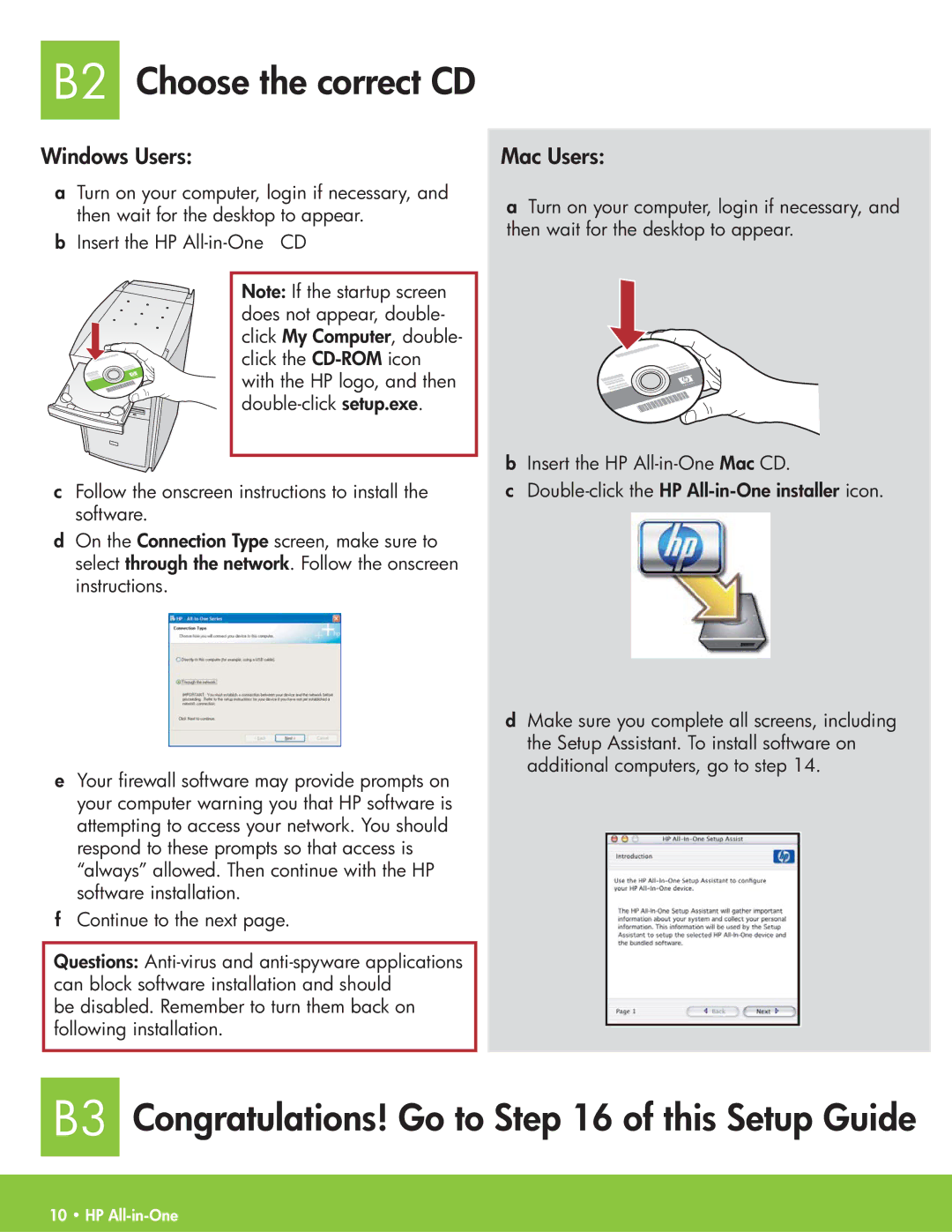 HP C7180, C7185 manual B2 Choose the correct CD, B3 Congratulations! Go to of this Setup Guide 