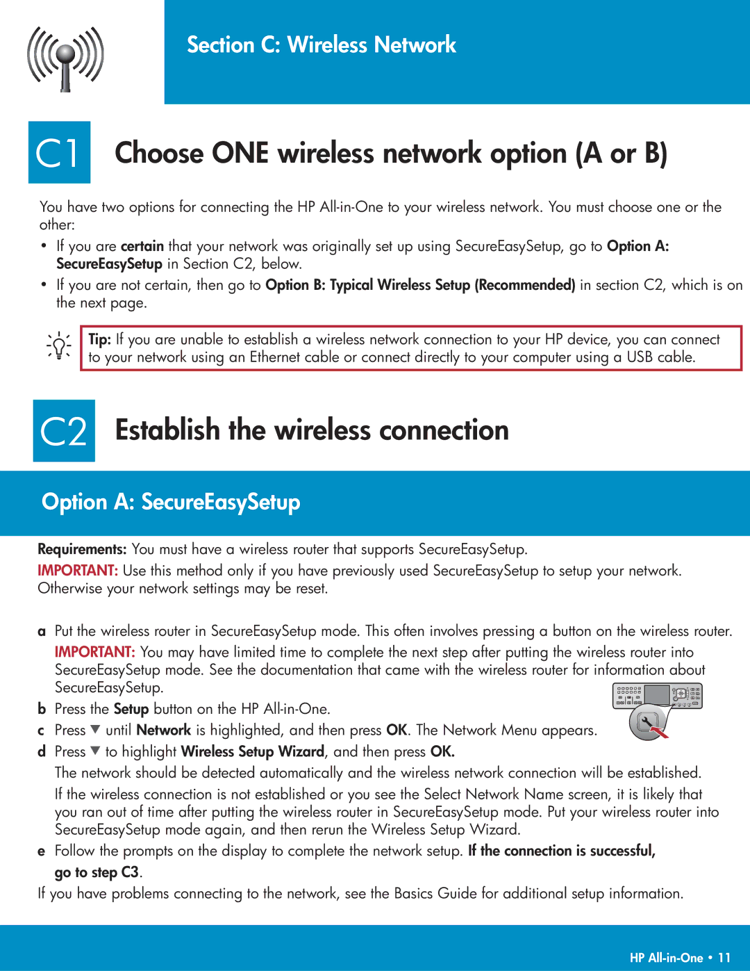 HP C7185 C1 Choose ONE wireless network option a or B, C2 Establish the wireless connection, Section C Wireless Network 