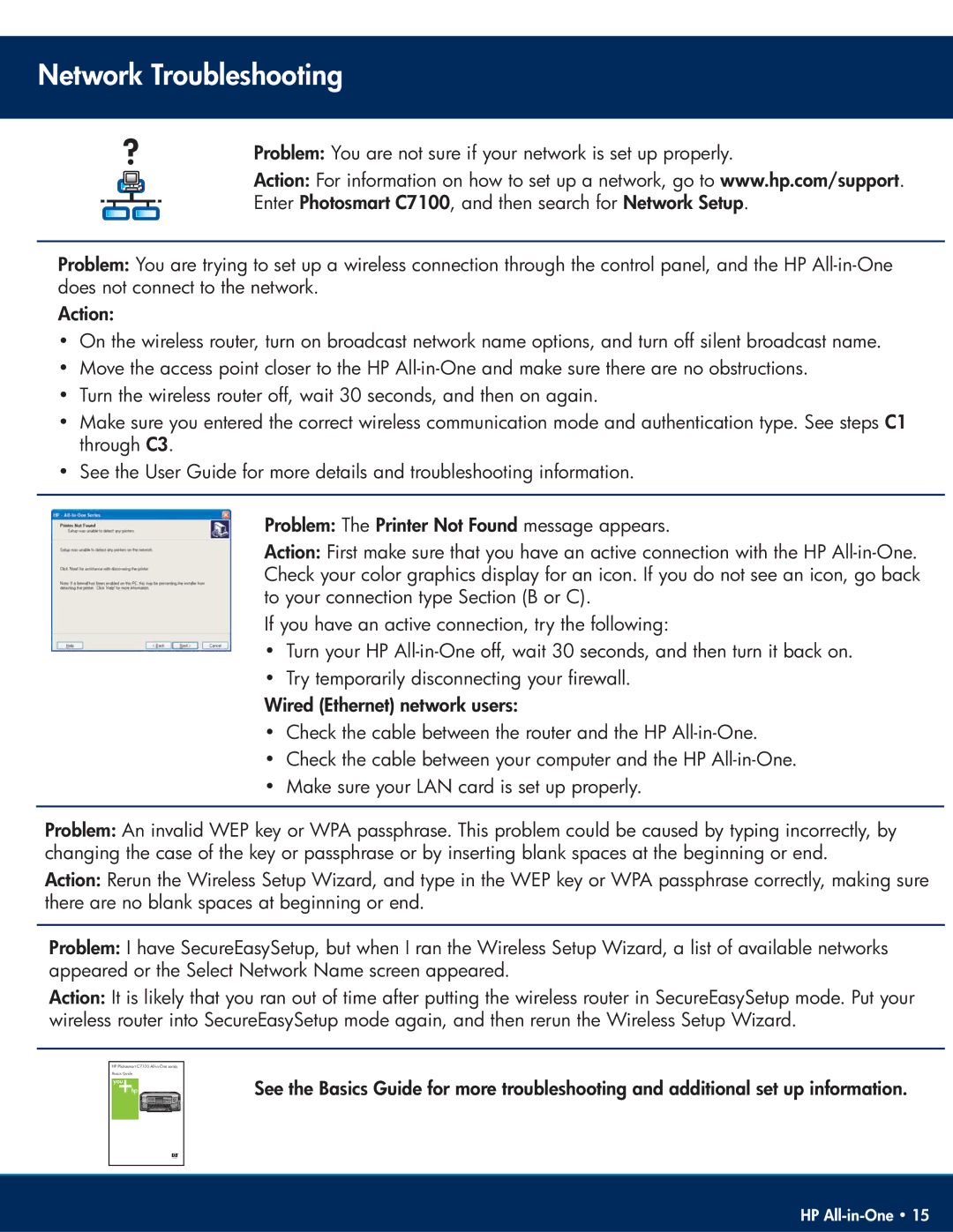 HP C7185, C7180 manual Network Troubleshooting 