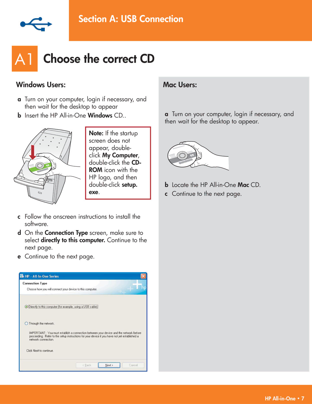 HP C7185, C7180 manual A1 Choose the correct CD, Section a USB Connection 