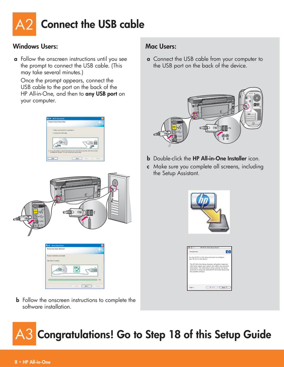 HP C7180, C7185 manual A2 Connect the USB cable, A3 Congratulations! Go to of this Setup Guide 