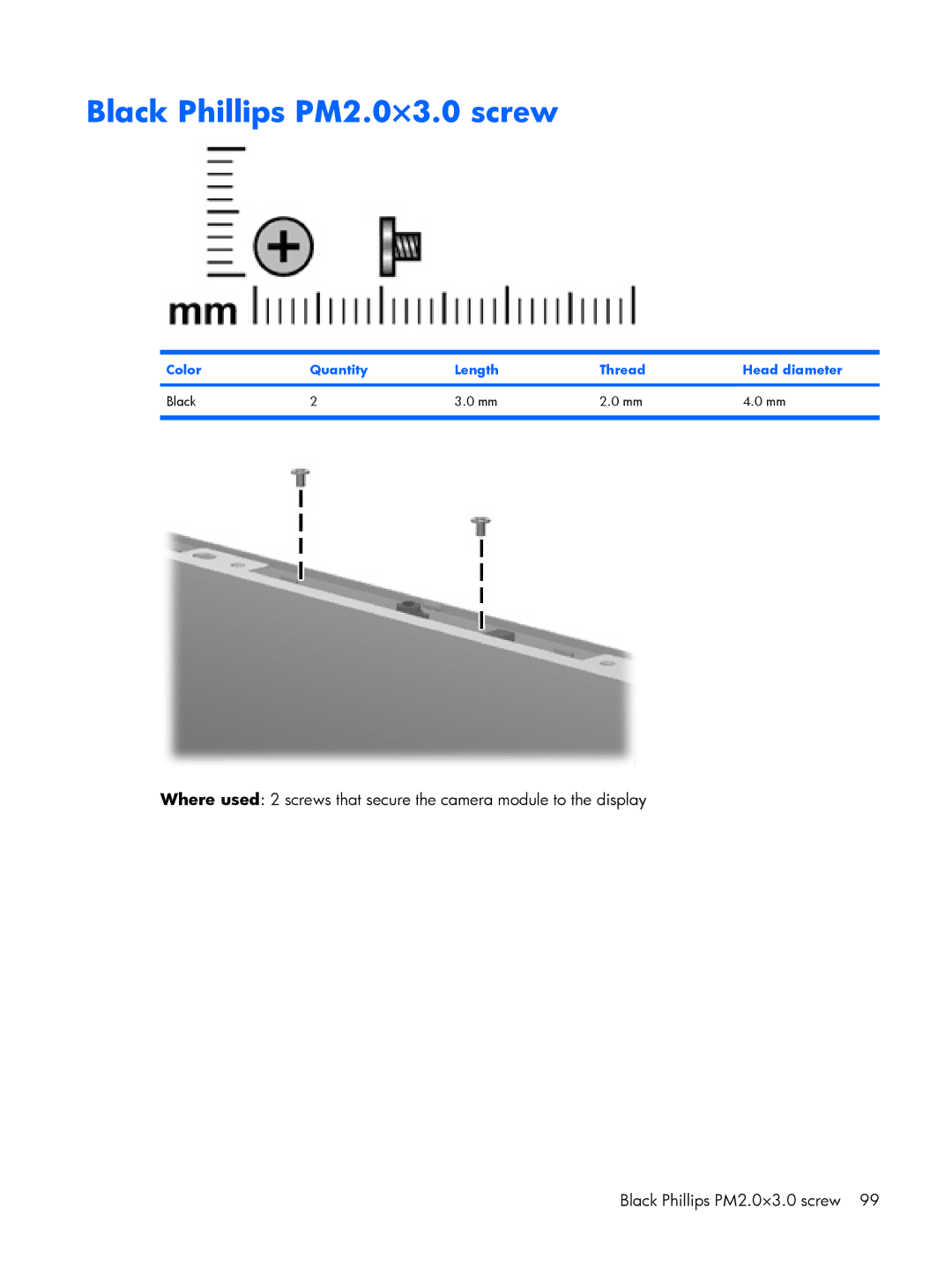 HP C757LA, C721TU, C725BR, C718TU, C720BR, C717TU, C717NR, C713NR, C715NR, C710TU, C712NR, C708LA Black Phillips PM2.0×3.0 screw 