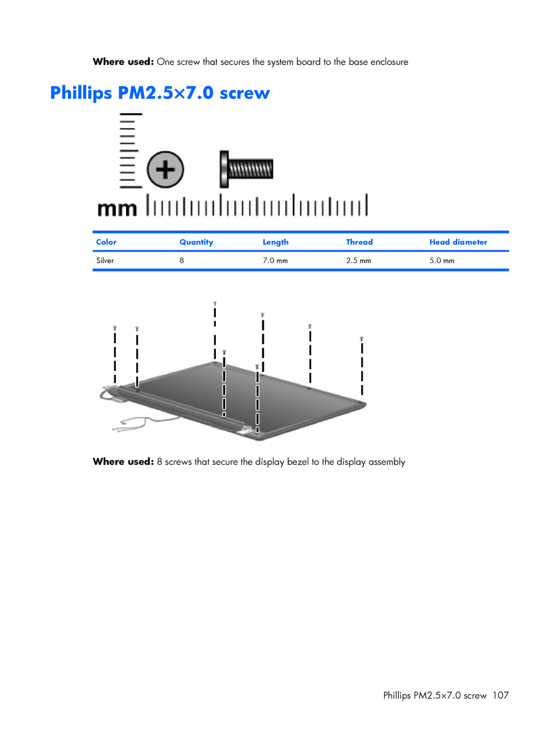 HP C749TU, C721TU, C725BR, C718TU, C720BR, C717TU Phillips PM2.5×7.0 screw, Color Quantity Length Thread Head diameter Silver 