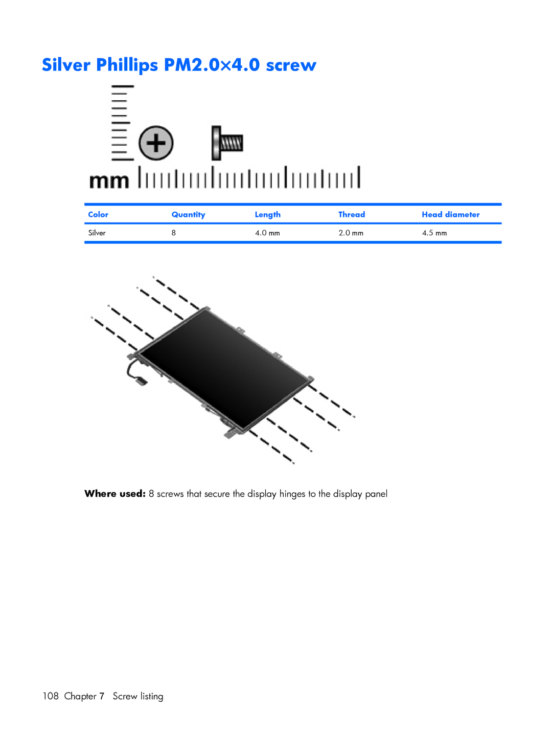 HP C745TU, C721TU, C725BR, C718TU, C720BR, C717TU, C717NR, C713NR, C715NR, C710TU, C712NR, C708LA Silver Phillips PM2.0×4.0 screw 