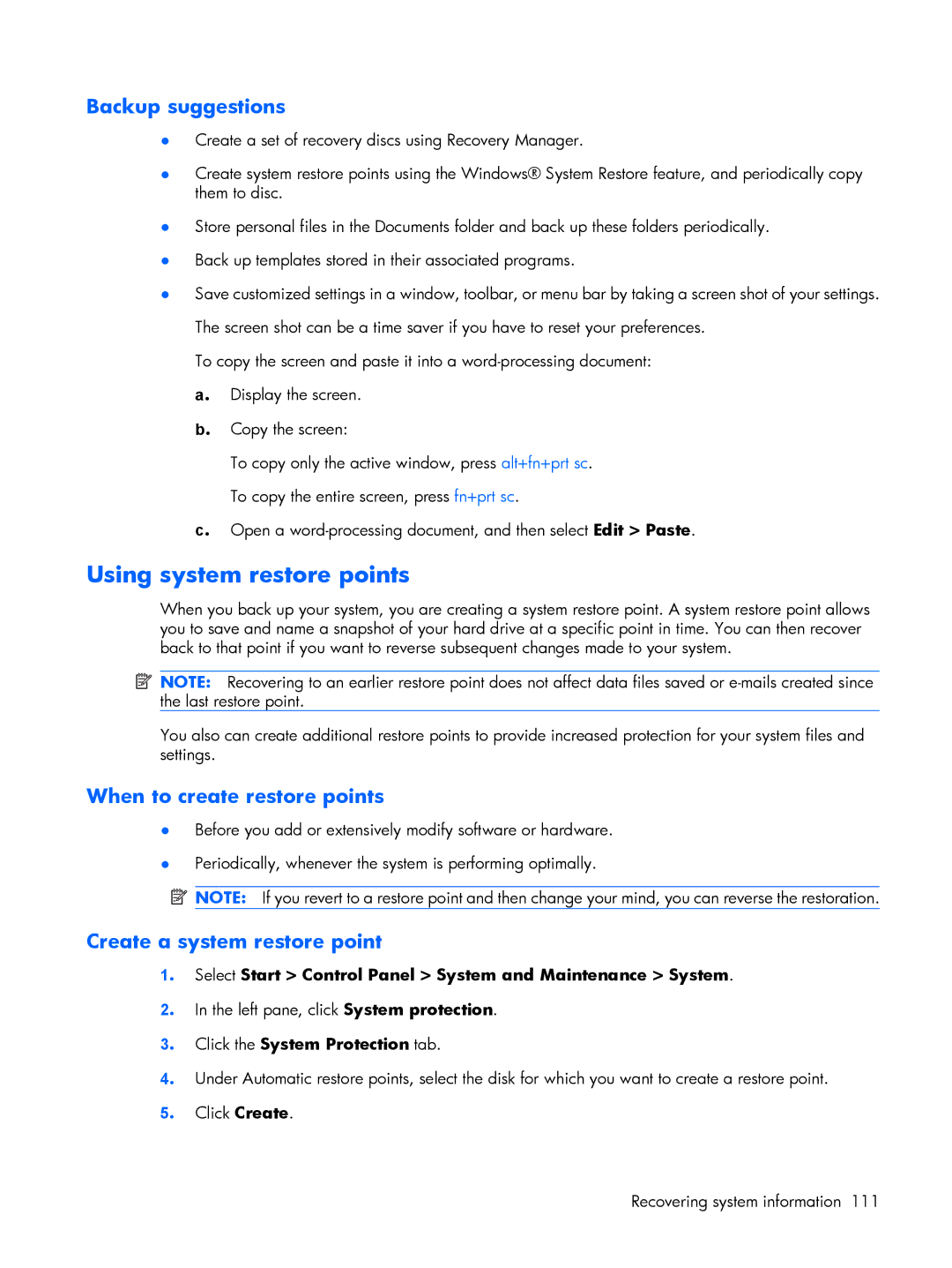 HP C744TU, C721TU, C725BR, C718TU, C720BR, C717TU, C717NR, C713NR, C715NR, C710TU Using system restore points, Backup suggestions 