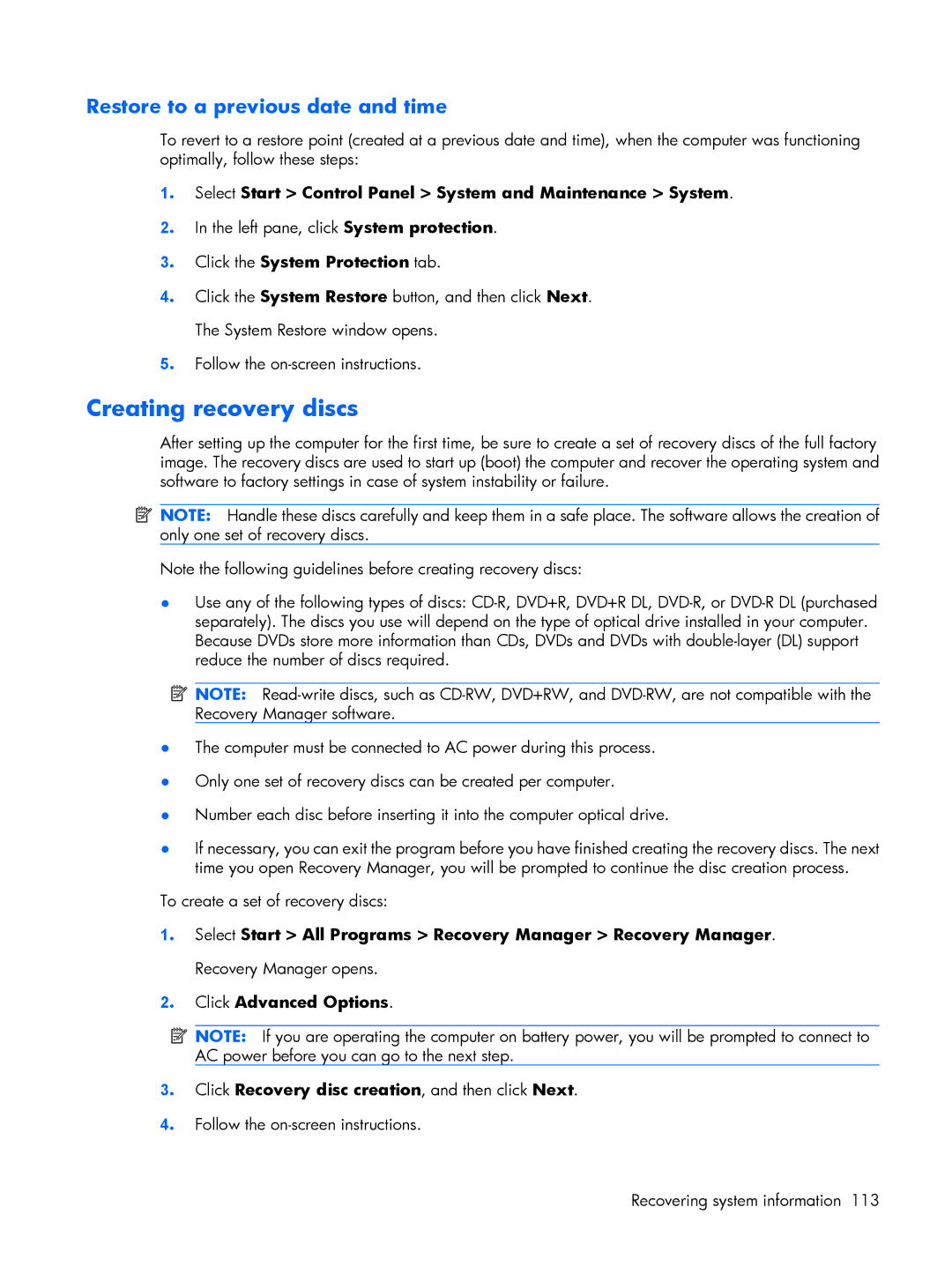 HP C735TU, C721TU, C725BR, C718TU, C720BR, C717TU, C717NR, C713NR Creating recovery discs, Restore to a previous date and time 