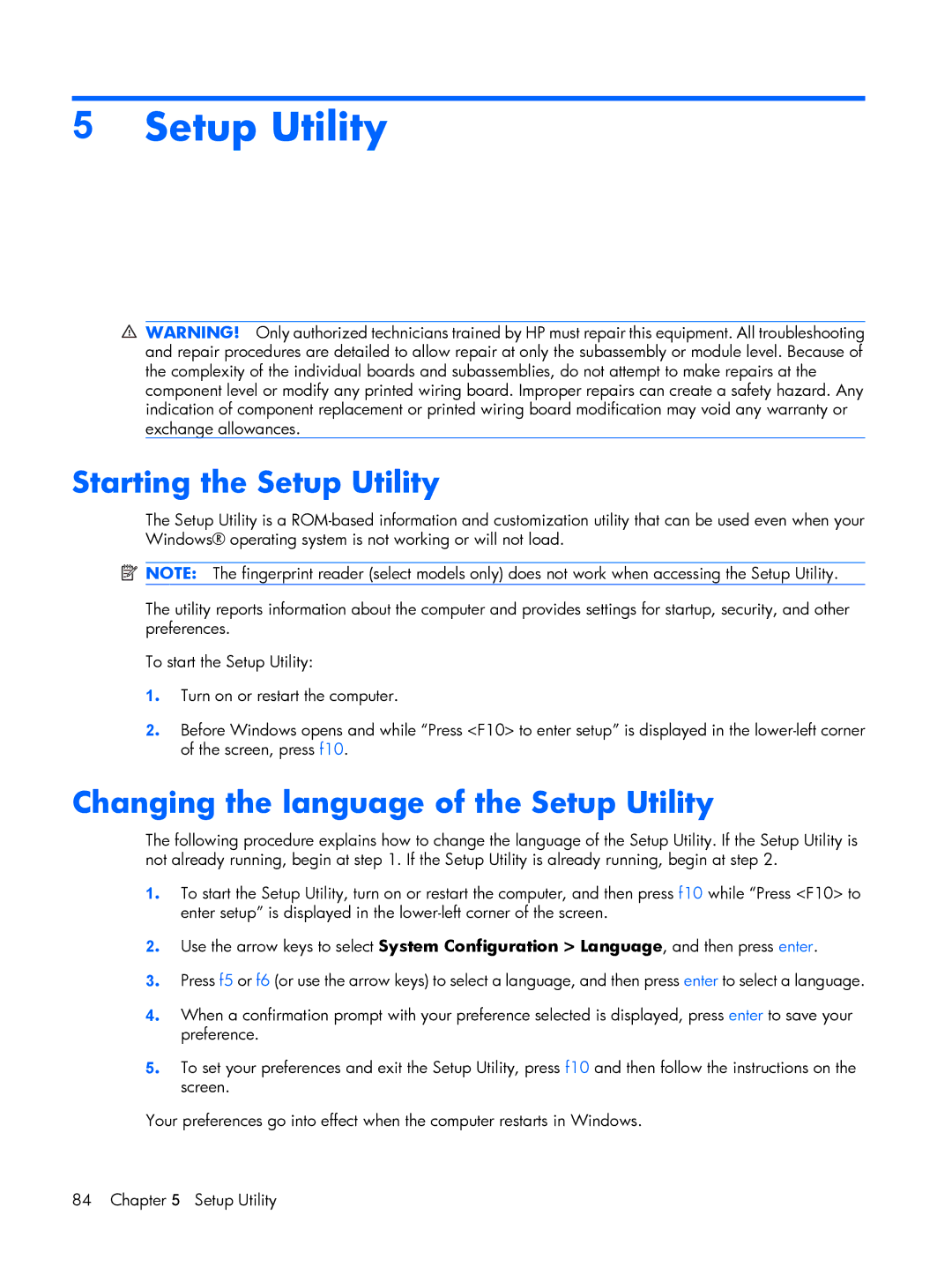 HP C710TU, C721TU, C725BR, C718TU, C720BR, C717TU Starting the Setup Utility, Changing the language of the Setup Utility 