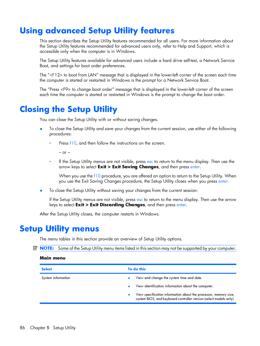 HP C708LA, C721TU Using advanced Setup Utility features, Closing the Setup Utility, Setup Utility menus, Select To do this 