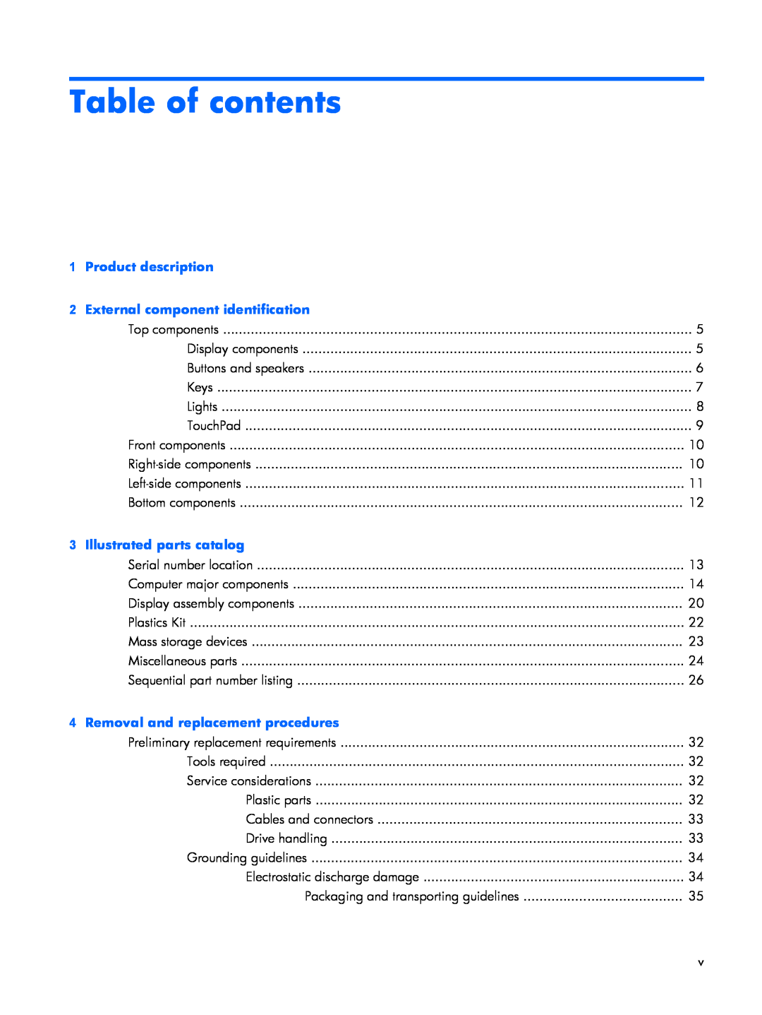 HP C717NR, C721TU Table of contents, Product description 2 External component identification, Illustrated parts catalog 