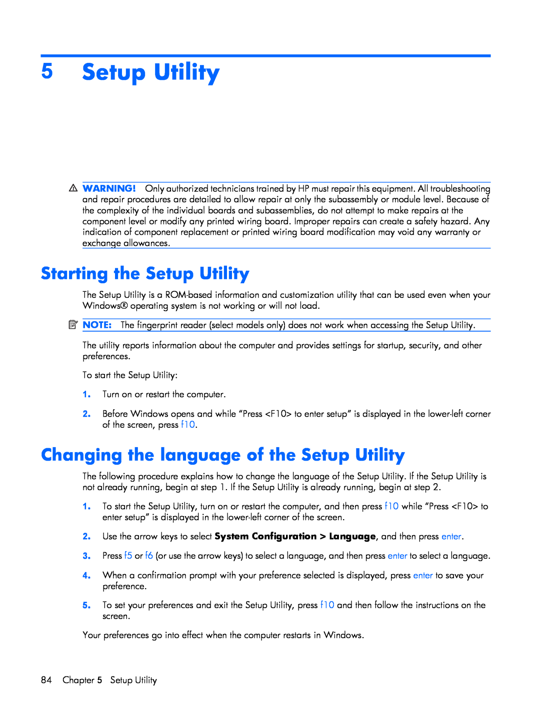 HP C710TU, C721TU, C725BR, C718TU, C720BR, C717TU Starting the Setup Utility, Changing the language of the Setup Utility 