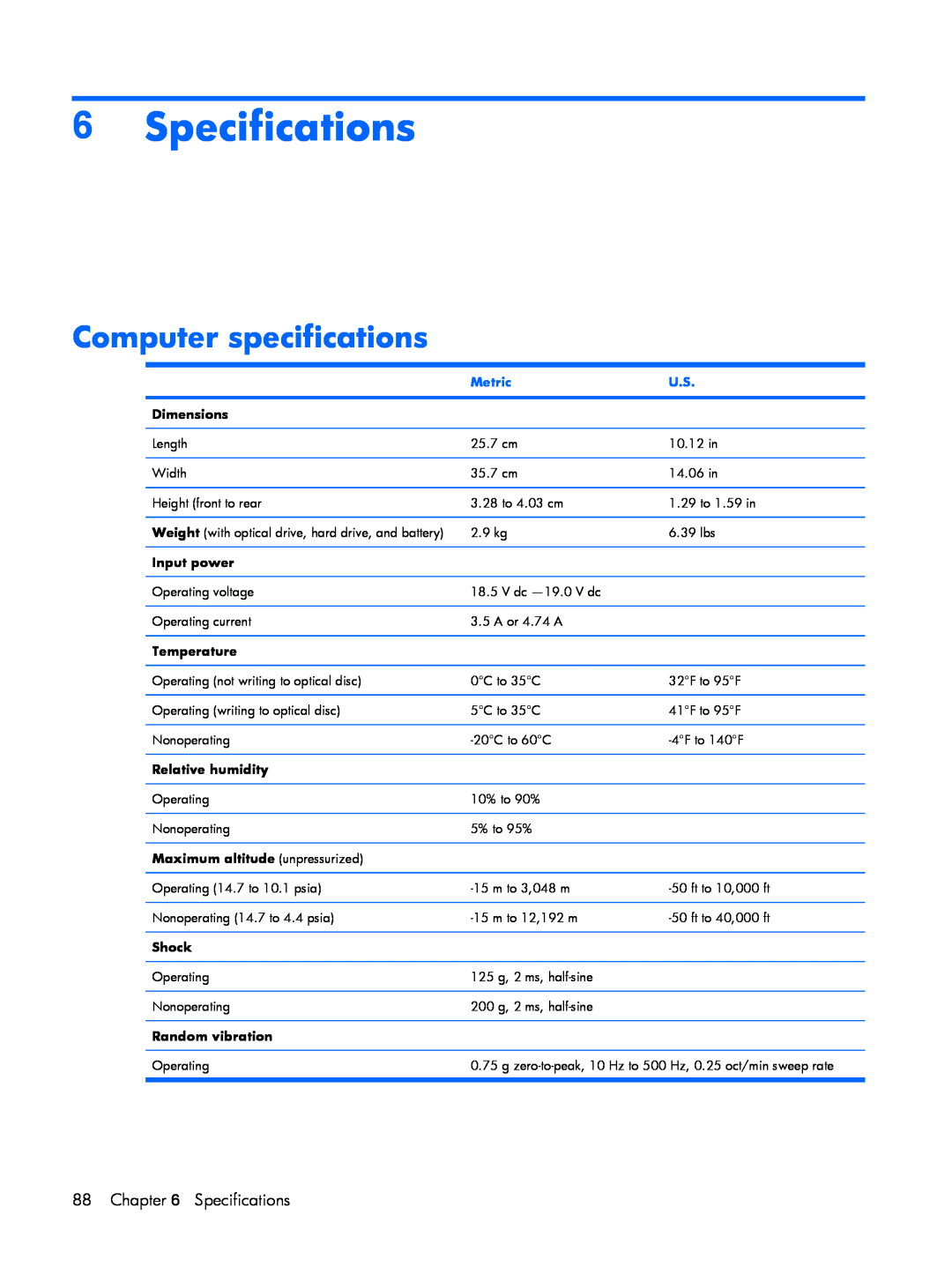 HP C710BR Specifications, Computer specifications, Metric, Dimensions, Input power, Temperature, Relative humidity, Shock 
