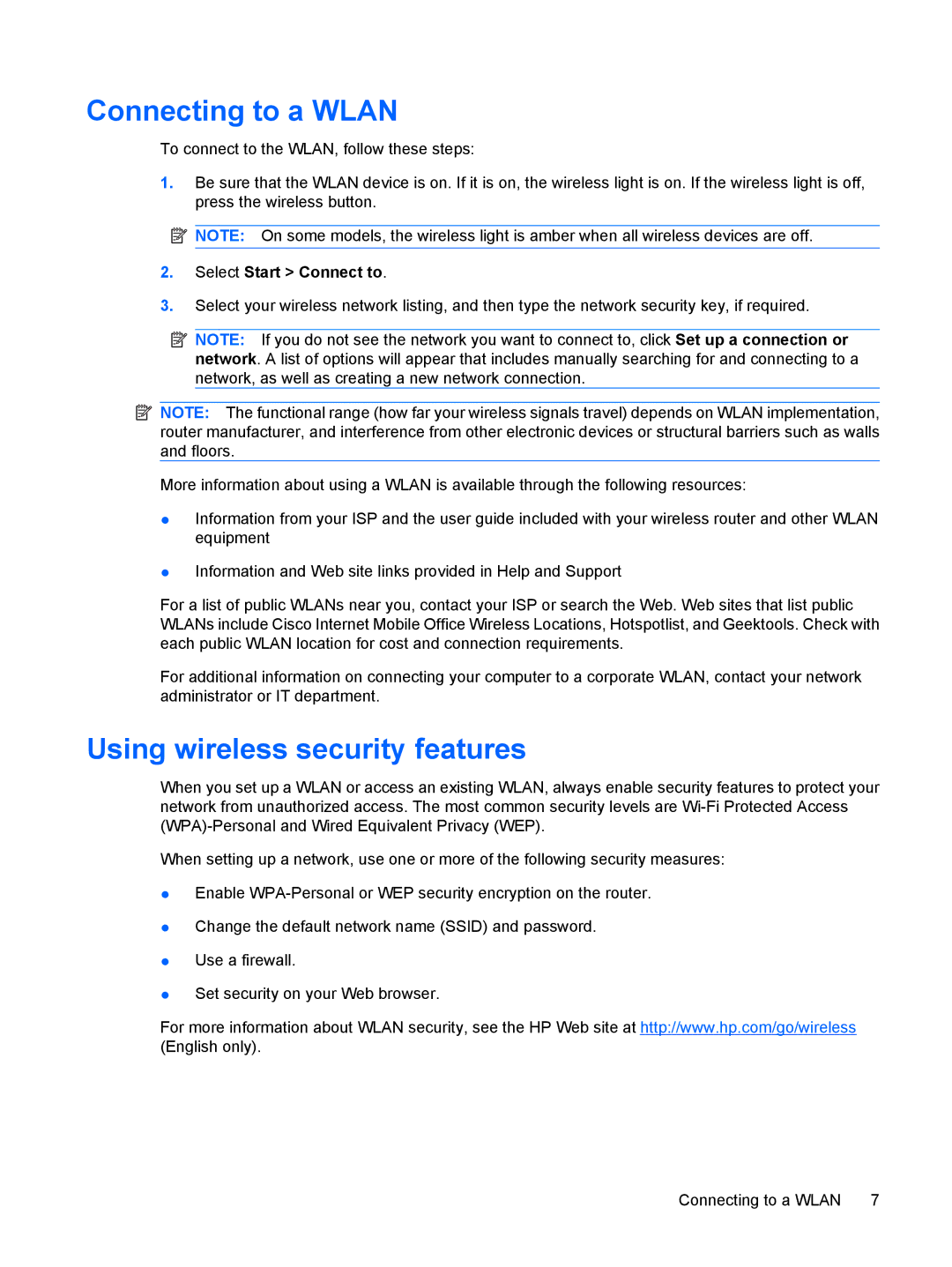 HP C709TU, C721TU, C725BR, C718TU, C720BR, C717TU, C717NR, C715TU, C713NR Connecting to a Wlan, Using wireless security features 