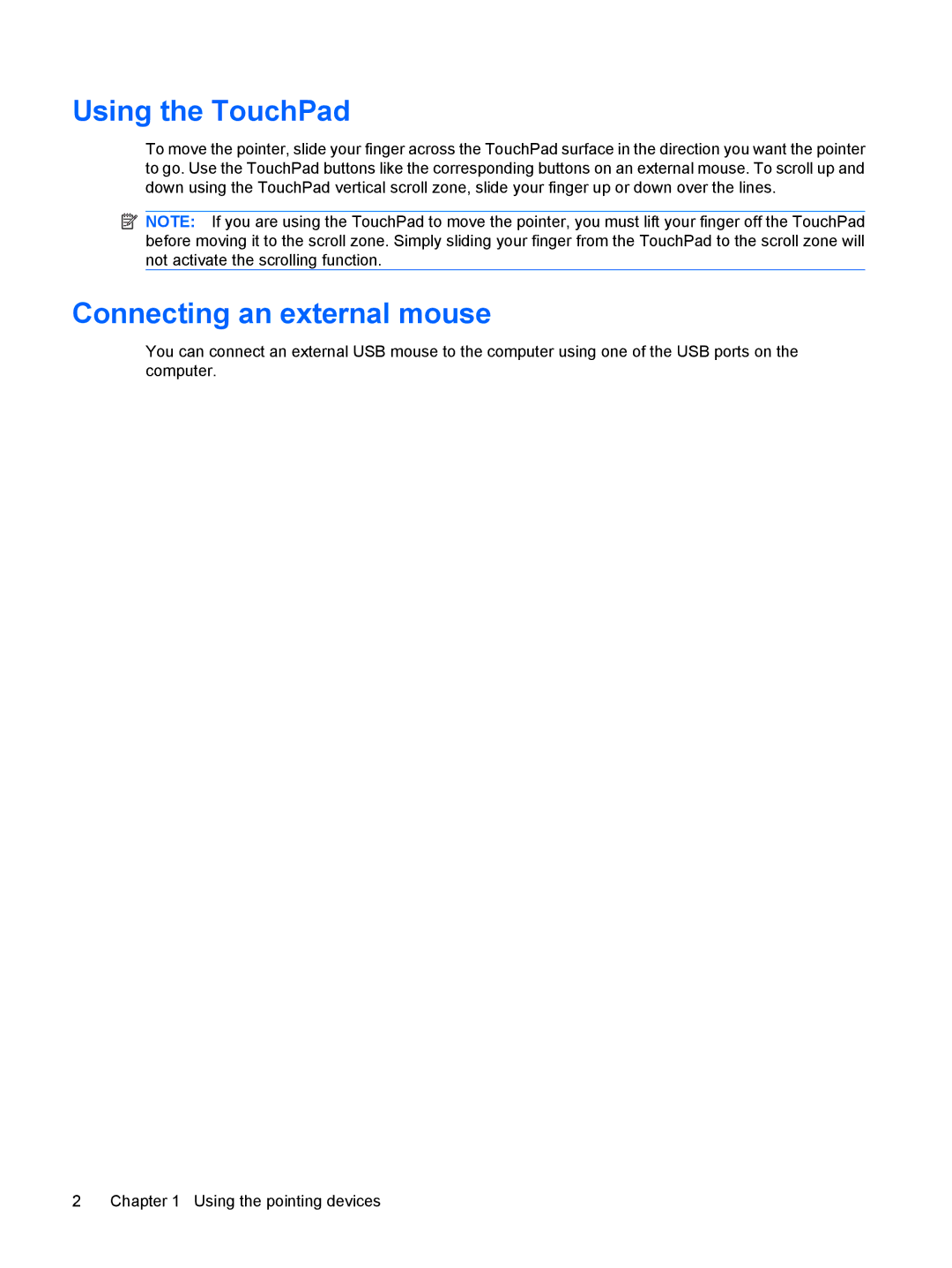 HP C714NR, C721TU, C725BR, C718TU, C720BR, C717TU, C717NR, C715TU, C713NR, C715NR Using the TouchPad, Connecting an external mouse 