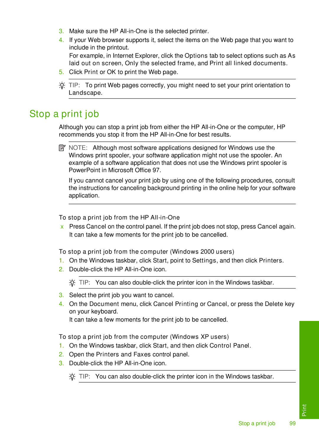 HP C7288, C7250, C7280 manual Stop a print job, To stop a print job from the HP All-in-One 