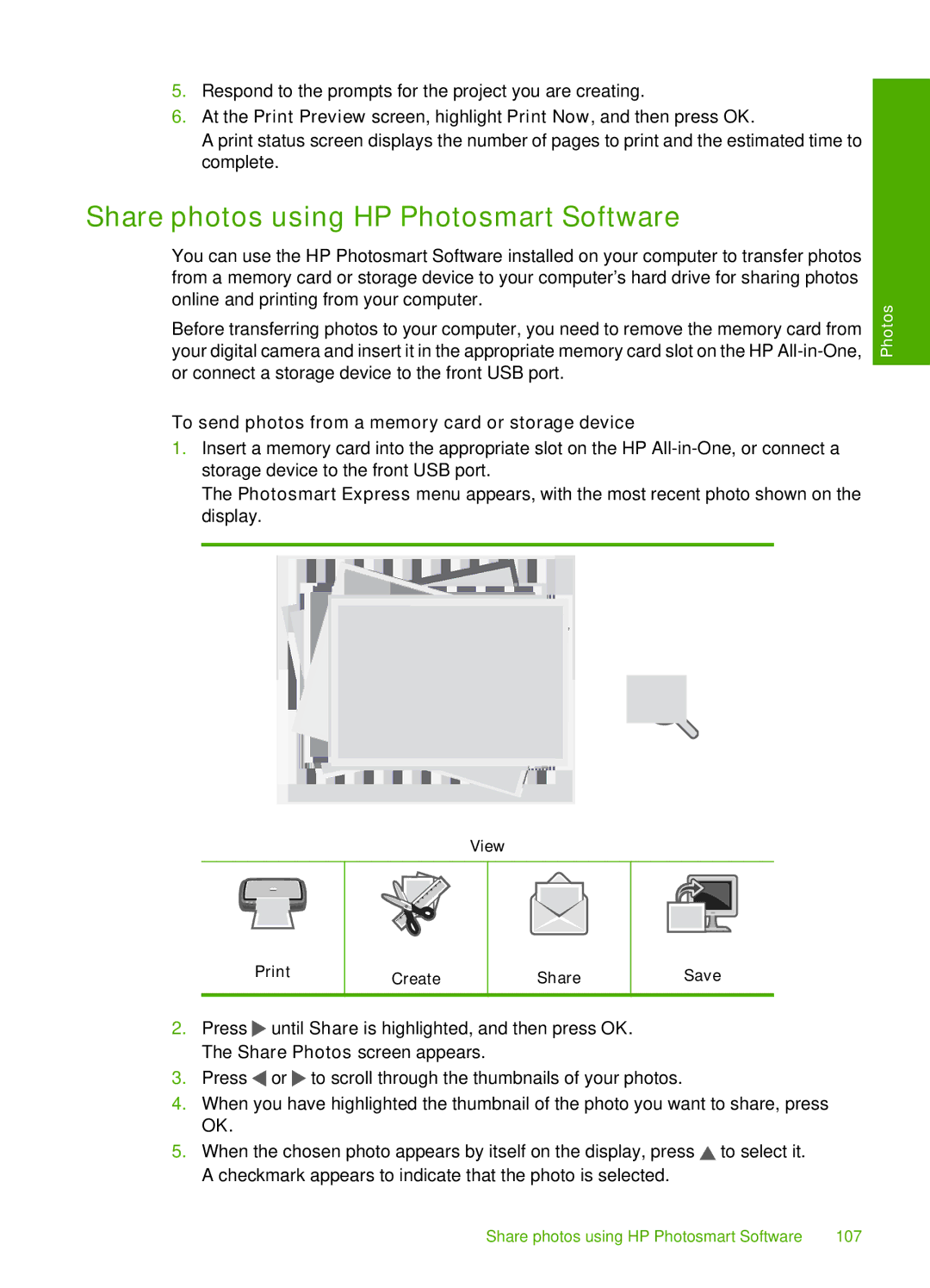 HP C7250, C7288, C7280 manual Share photos using HP Photosmart Software, To send photos from a memory card or storage device 